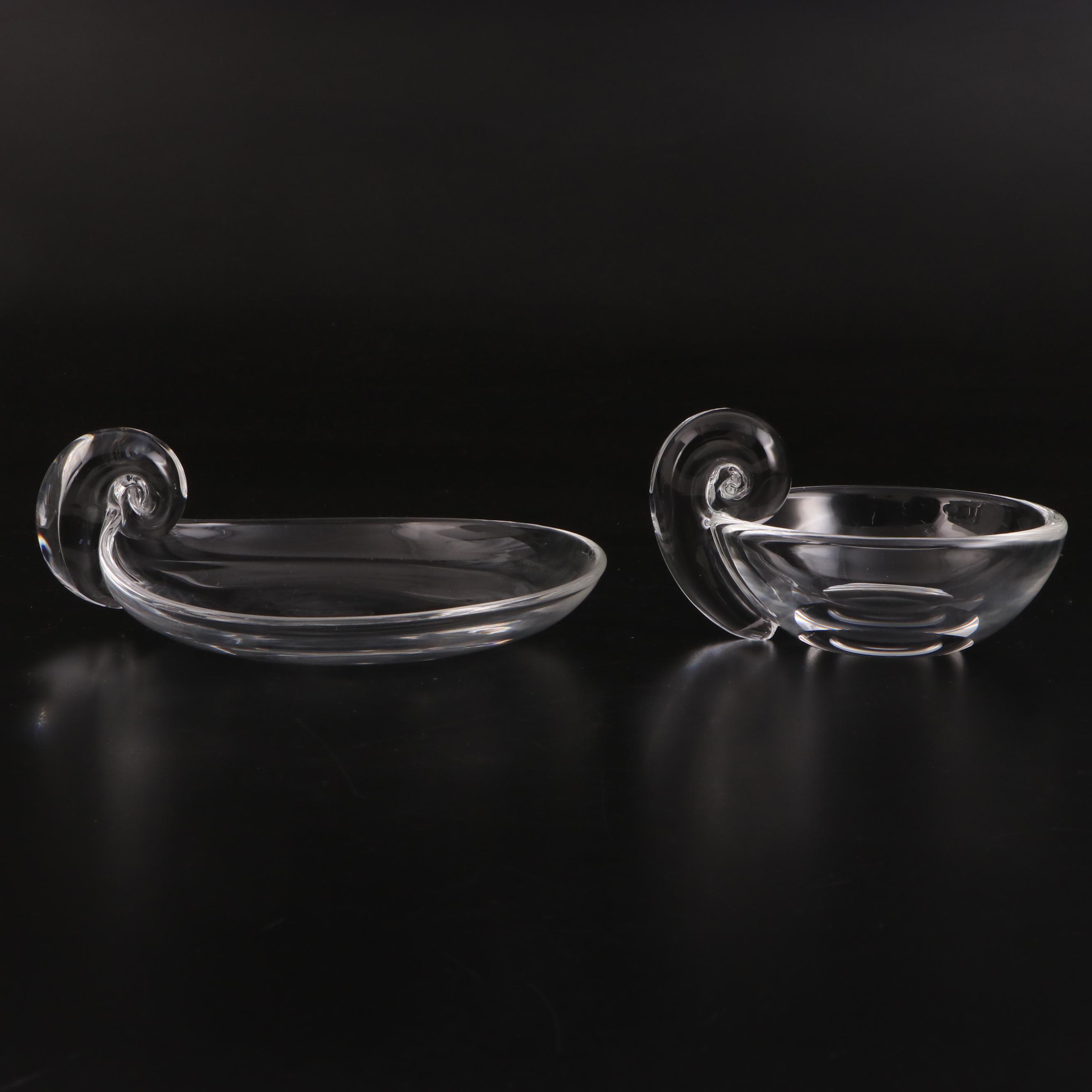 Steuben Art Glass Scroll-Footed Bowl with Scroll Handle Dishes