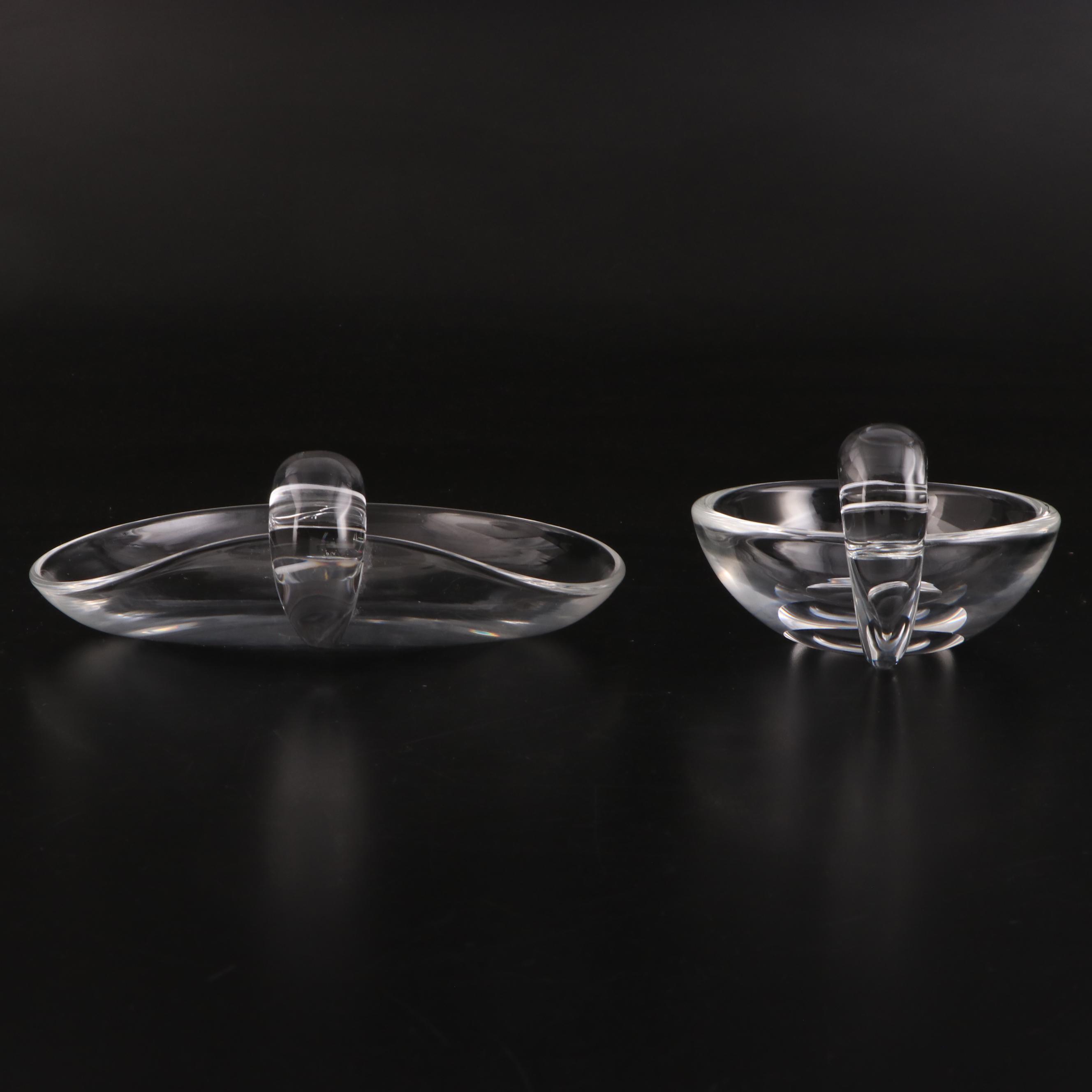 Steuben Art Glass Scroll-Footed Bowl with Scroll Handle Dishes