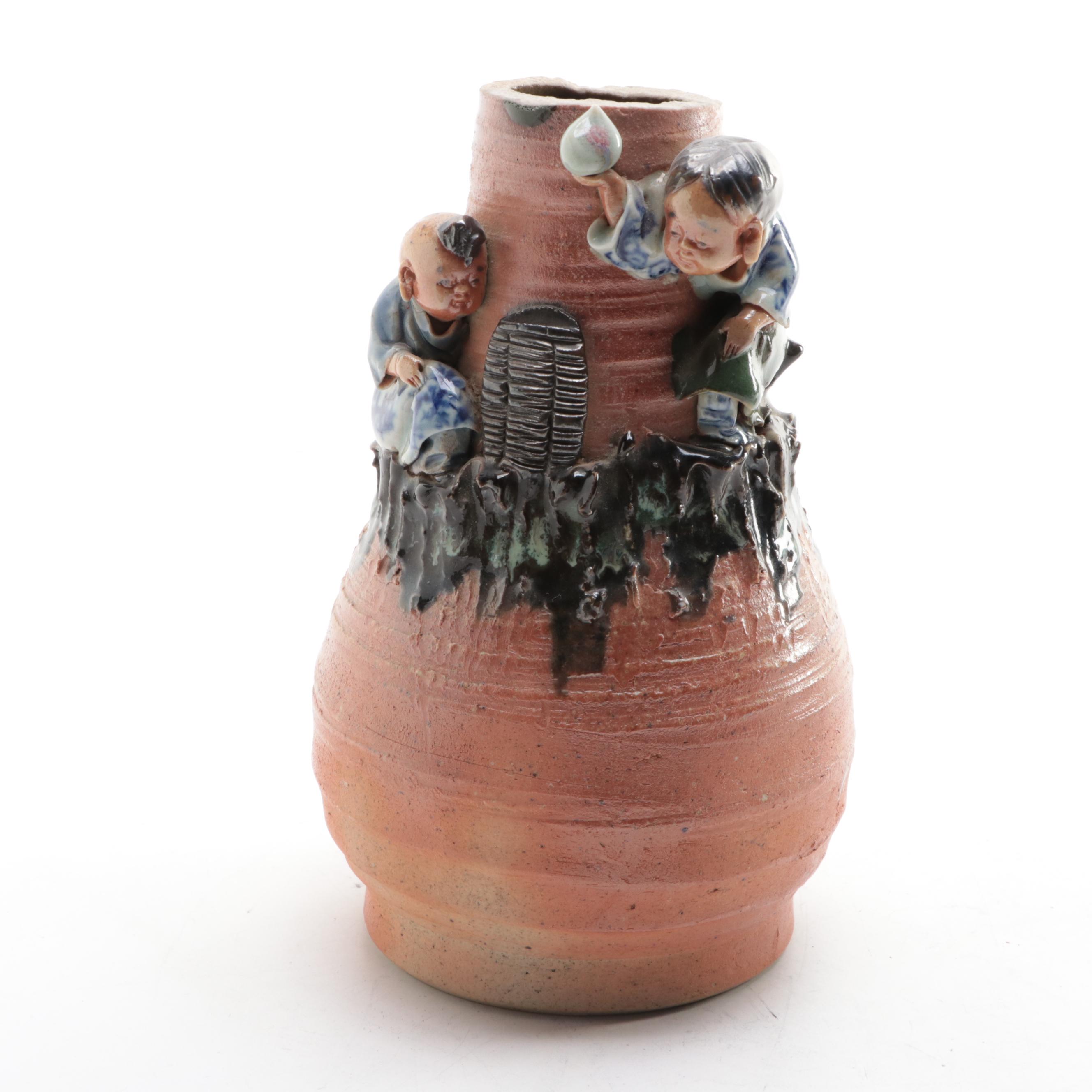 Japanese Sumida Gawa Pottery Vases and Brush Cup