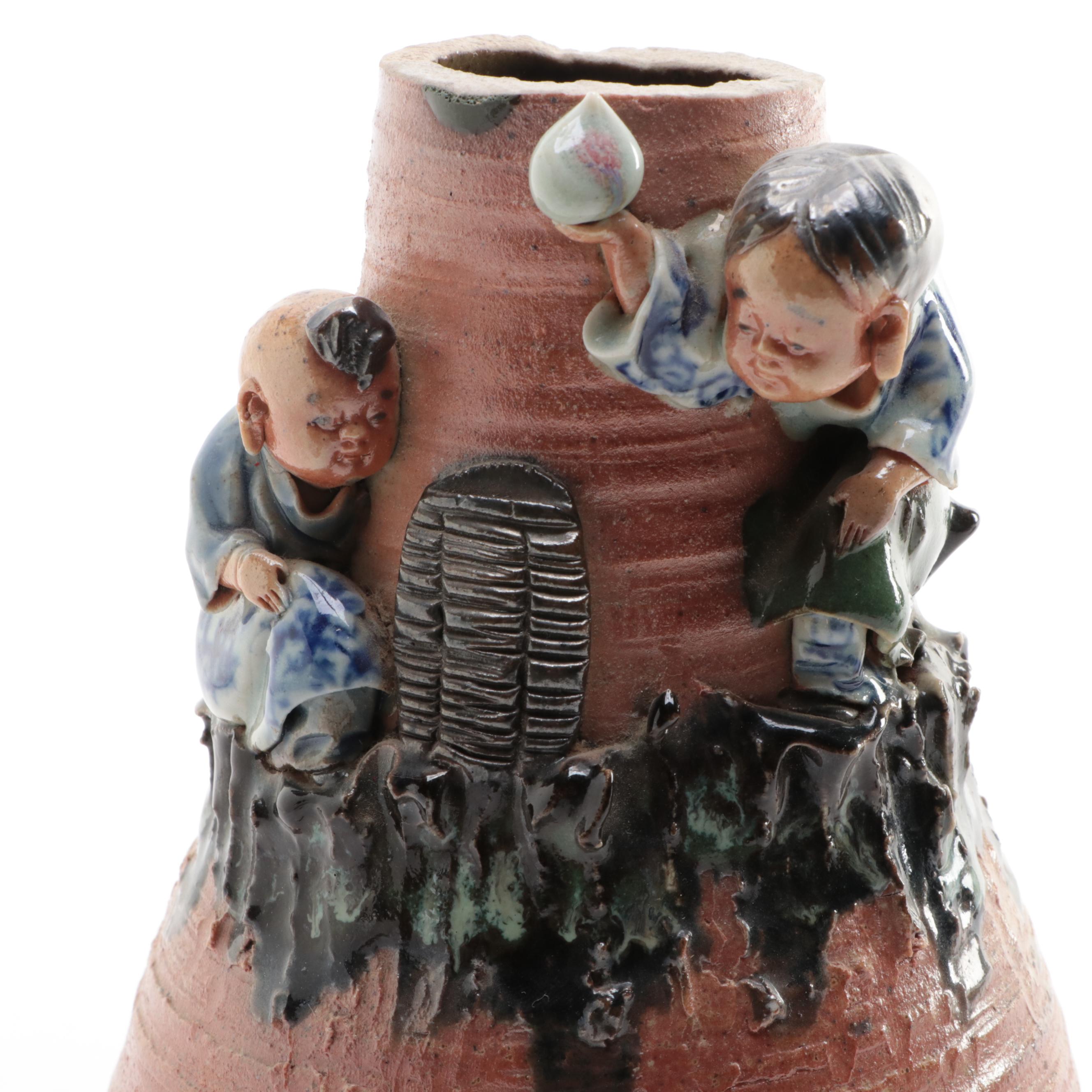 Japanese Sumida Gawa Pottery Vases and Brush Cup