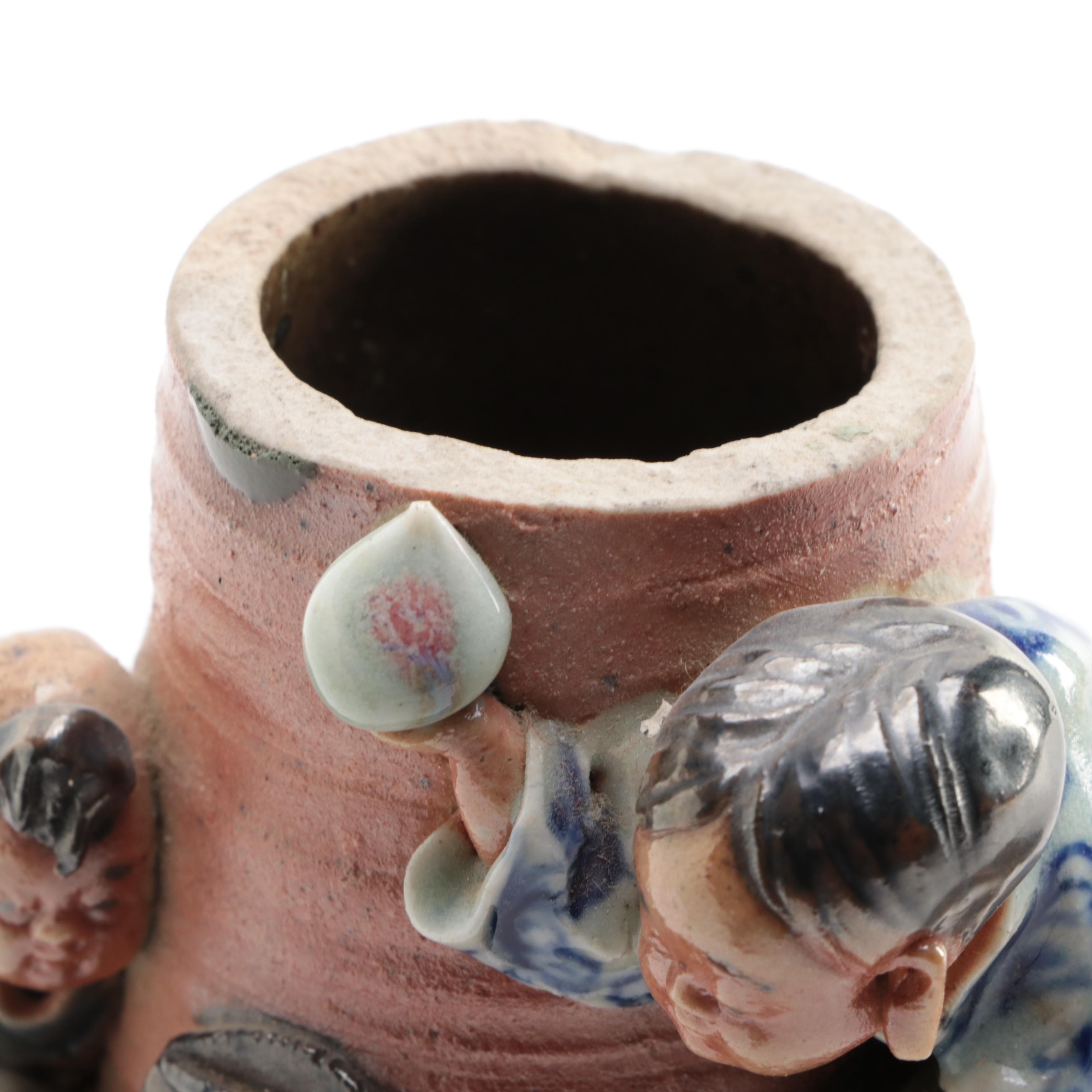 Japanese Sumida Gawa Pottery Vases and Brush Cup