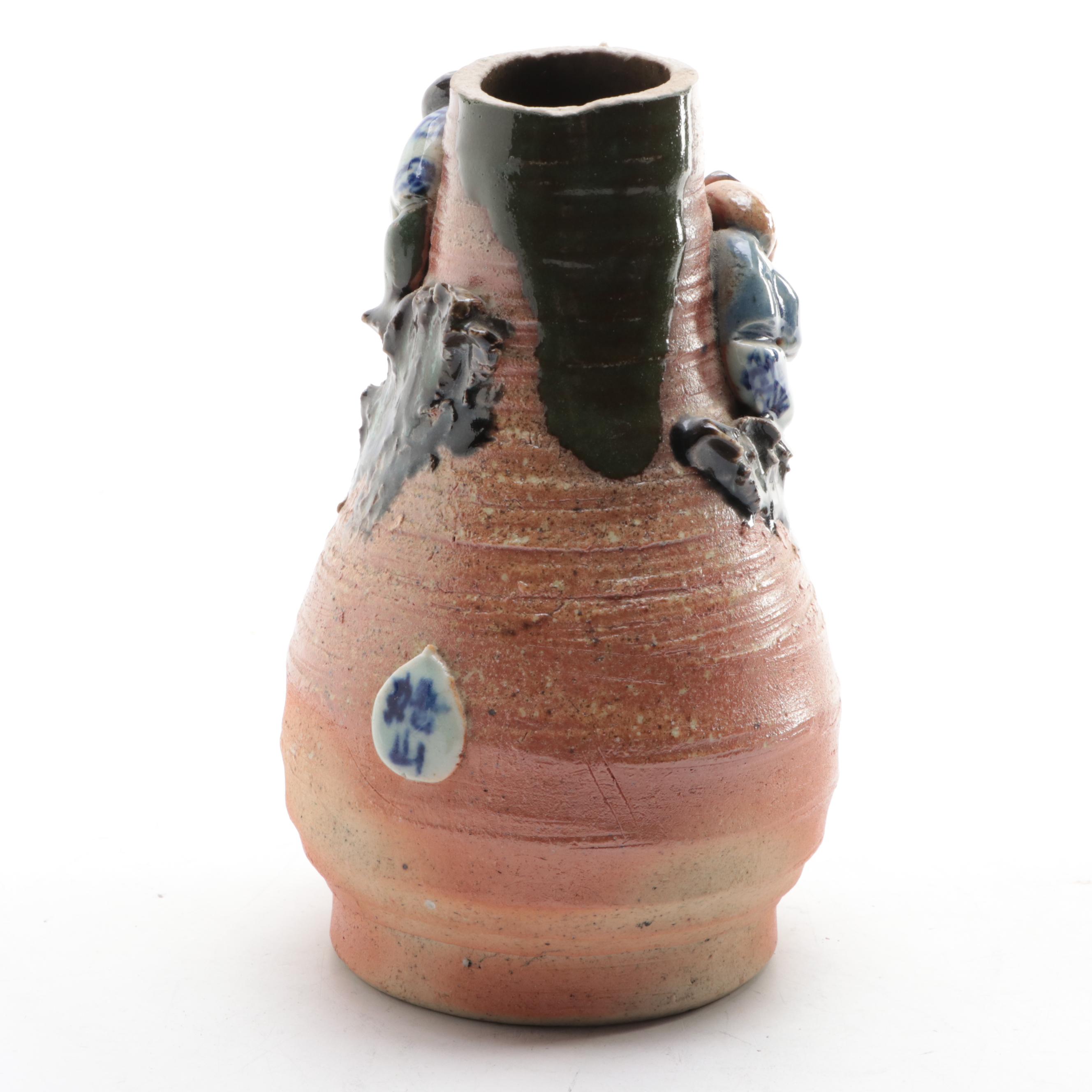 Japanese Sumida Gawa Pottery Vases and Brush Cup