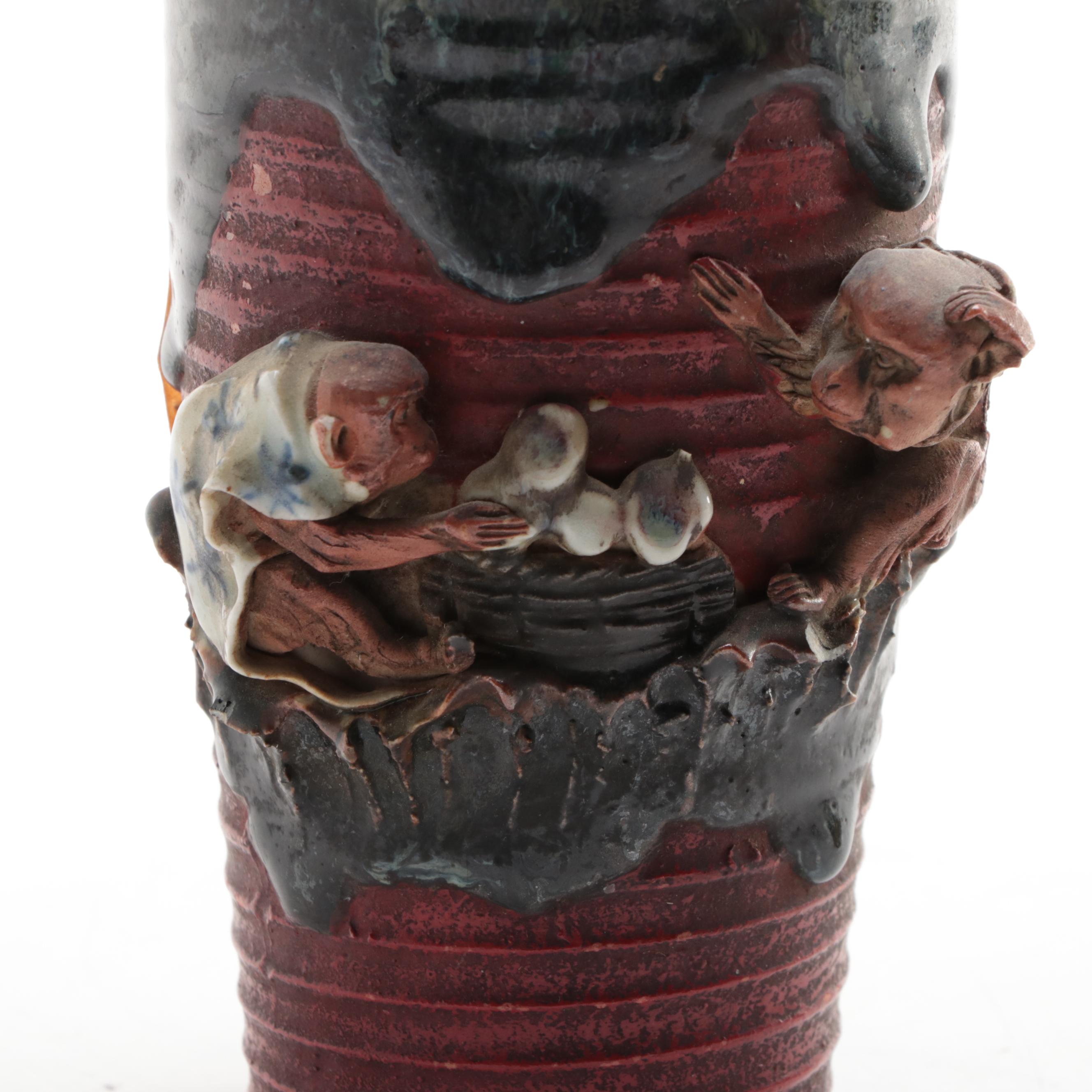 Japanese Sumida Gawa Pottery Vases and Brush Cup