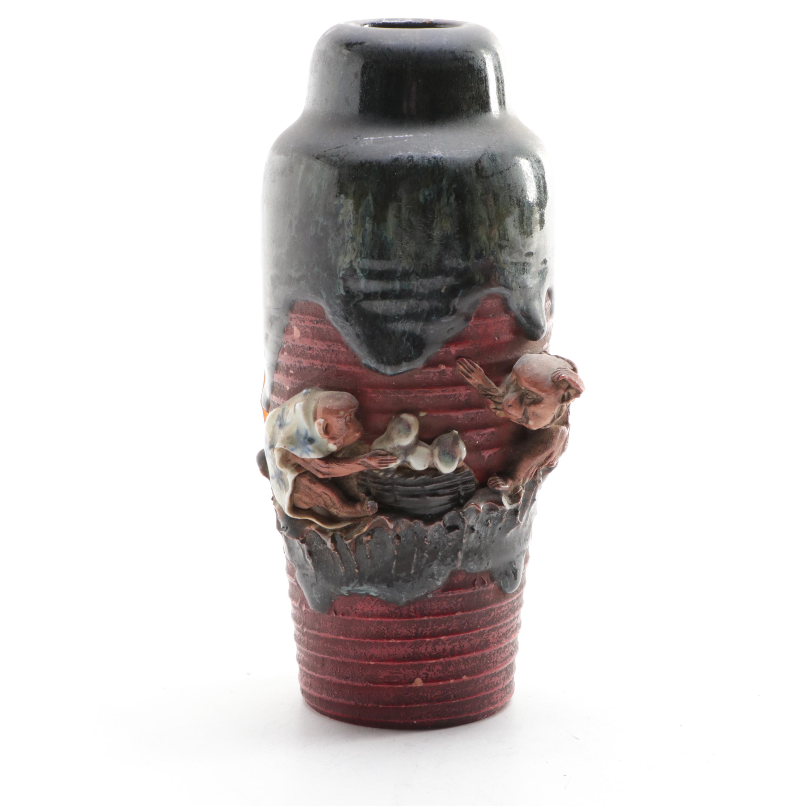 Japanese Sumida Gawa Pottery Vases and Brush Cup