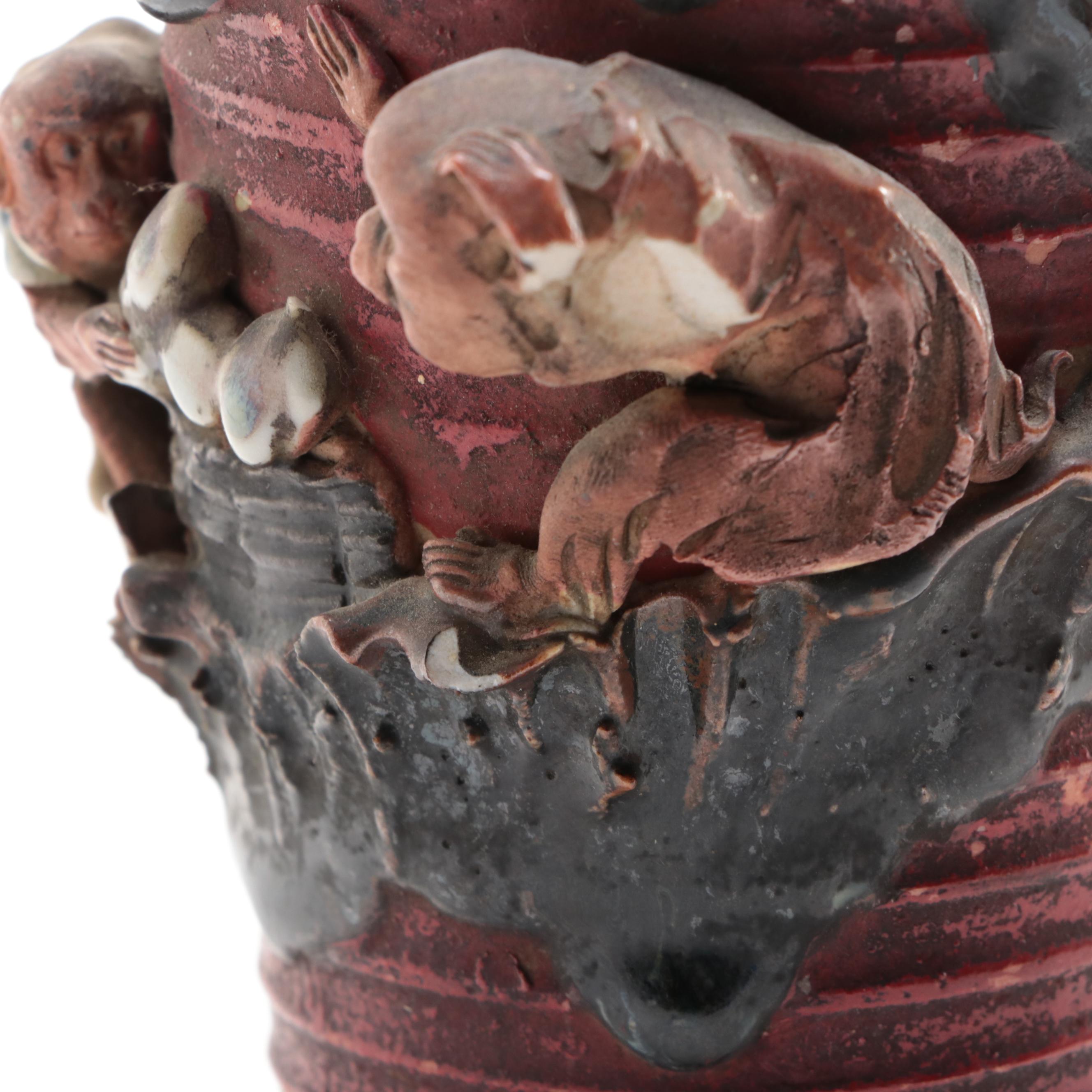 Japanese Sumida Gawa Pottery Vases and Brush Cup