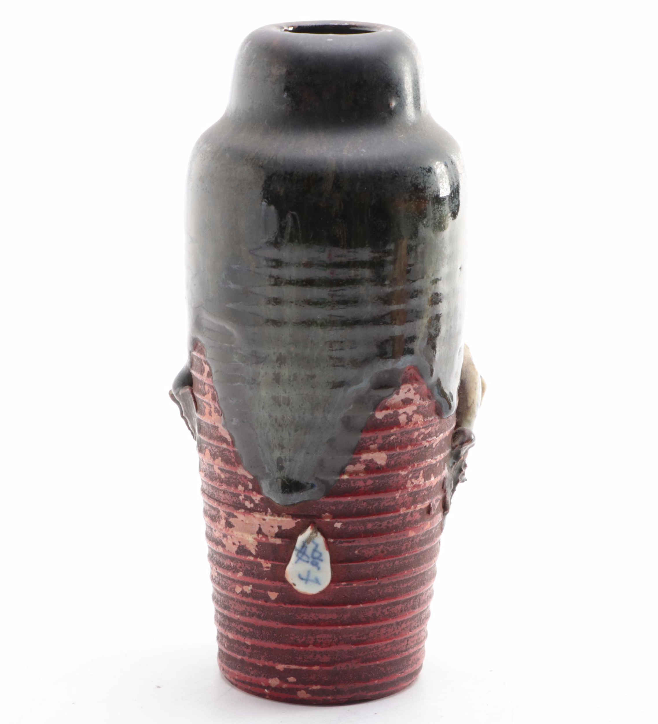 Japanese Sumida Gawa Pottery Vases and Brush Cup