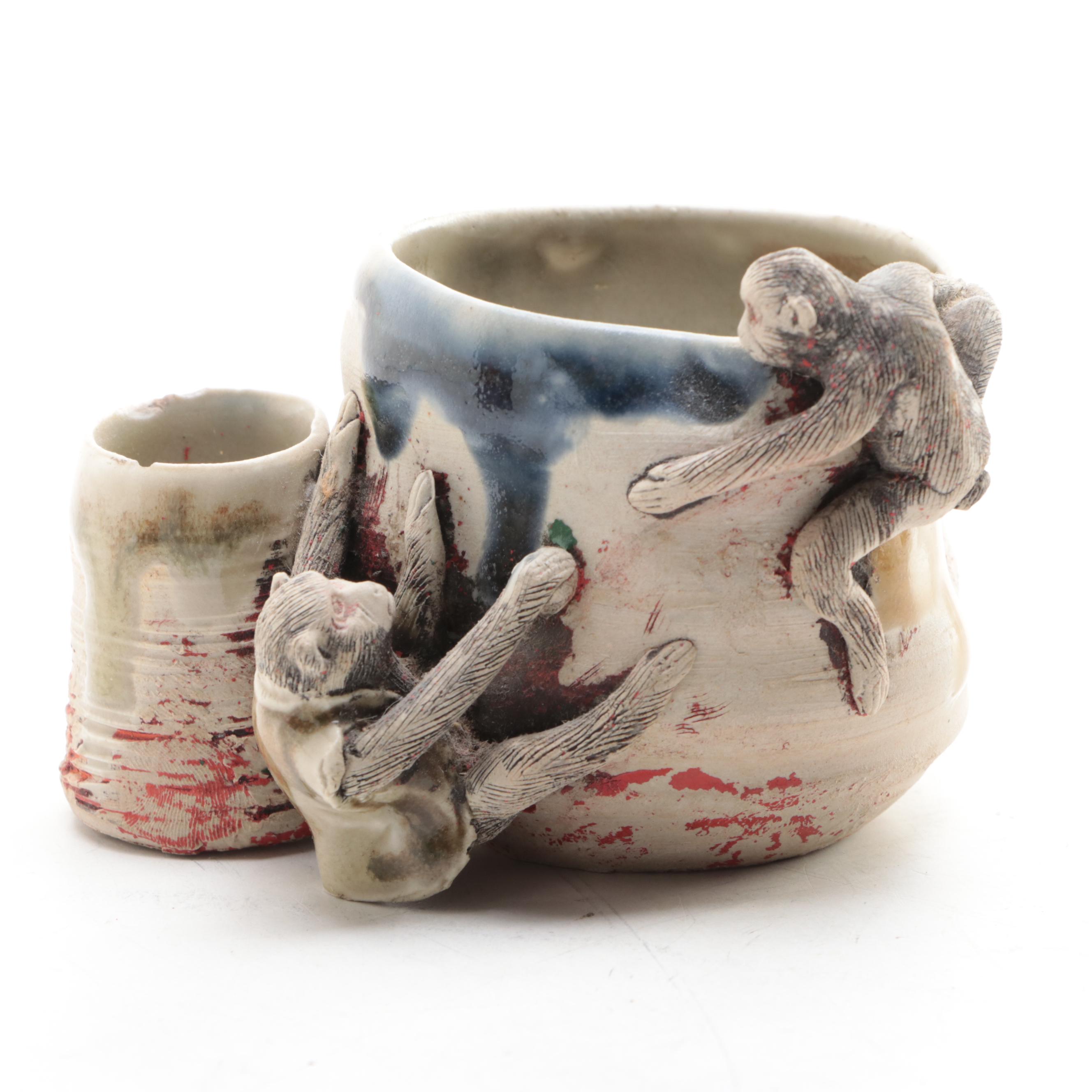 Japanese Sumida Gawa Pottery Vases and Brush Cup