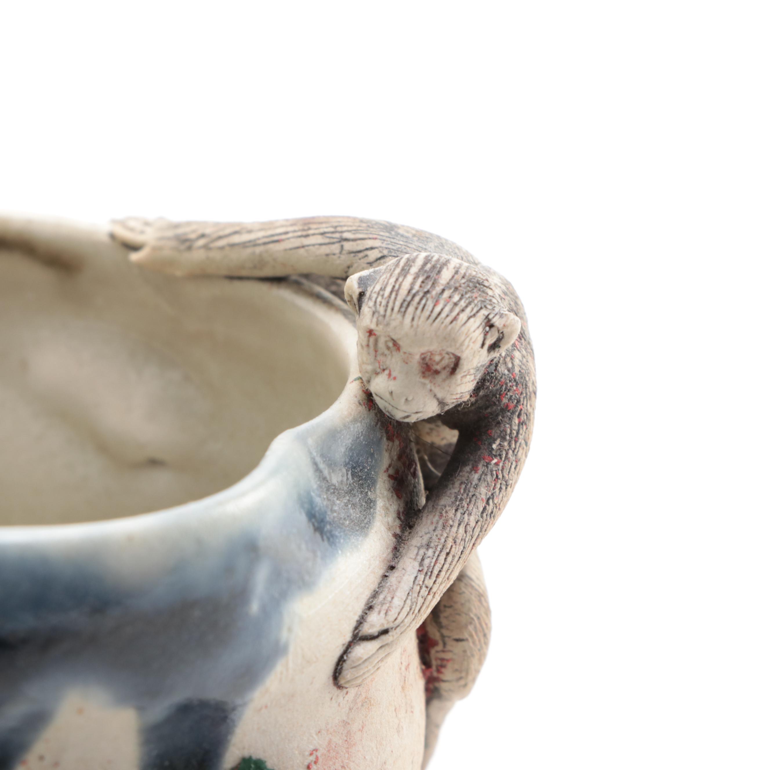 Japanese Sumida Gawa Pottery Vases and Brush Cup