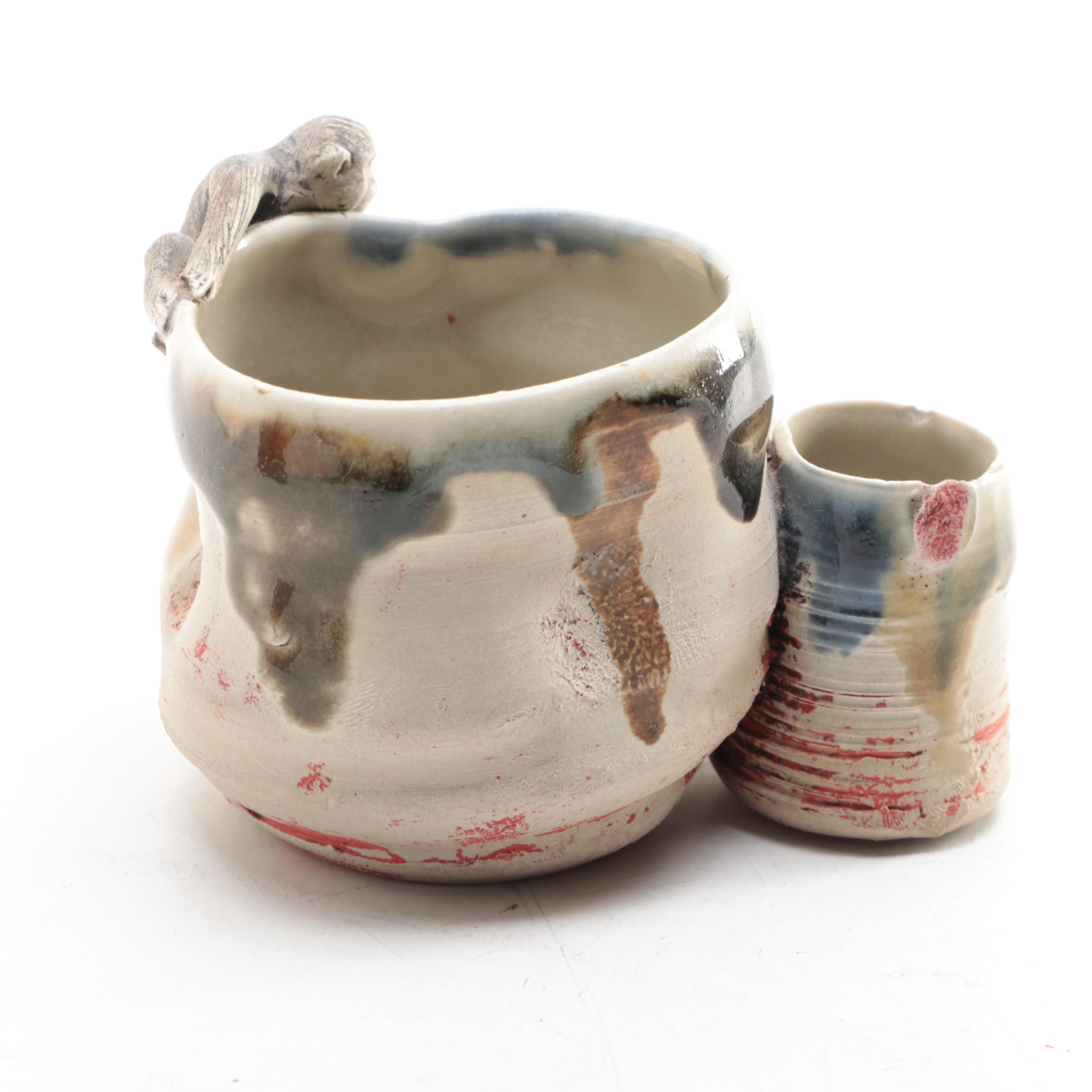 Japanese Sumida Gawa Pottery Vases and Brush Cup