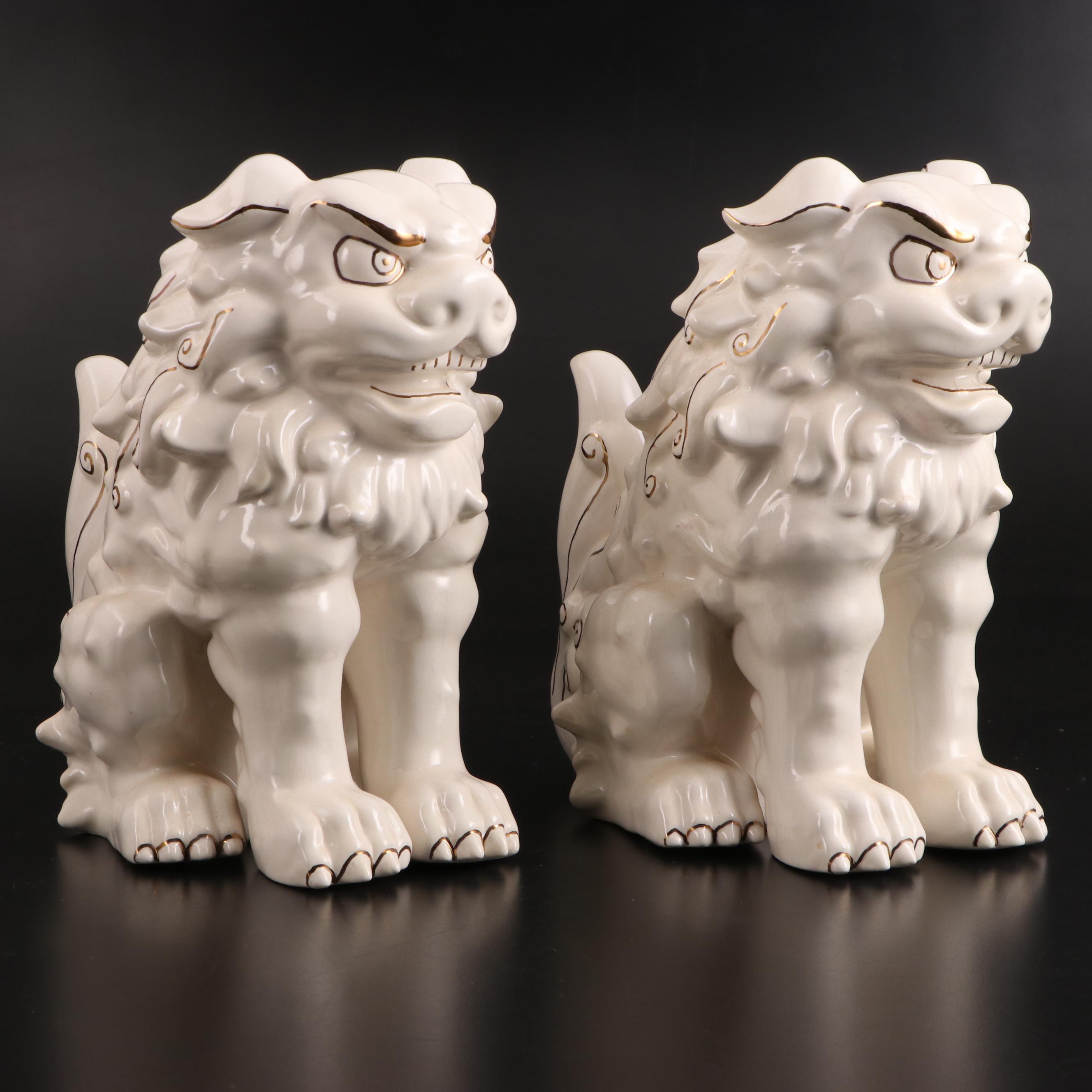 Pair of Chinese Style Glazed and Gilt Ceramic Guardian Lions / Shishi