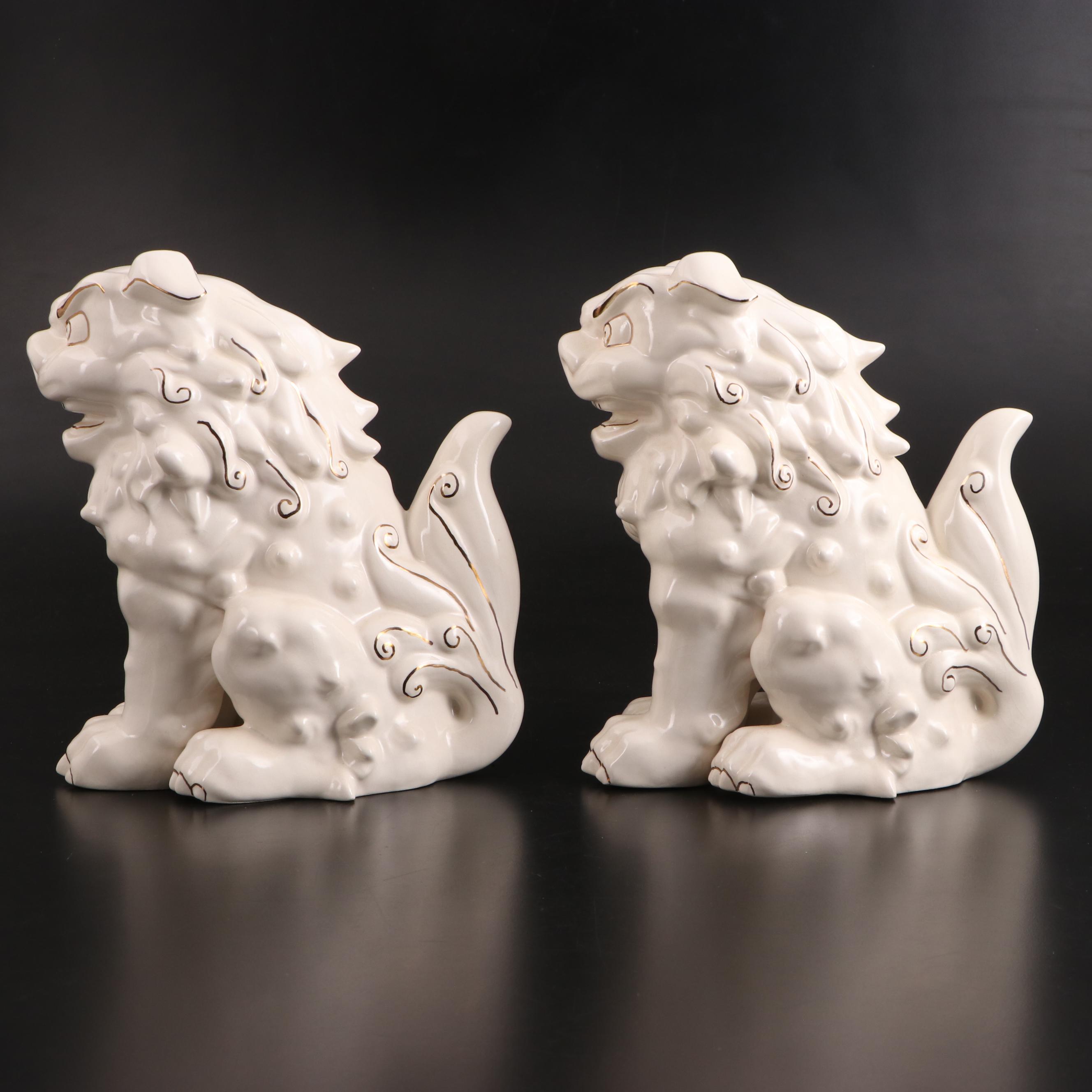 Pair of Chinese Style Glazed and Gilt Ceramic Guardian Lions / Shishi