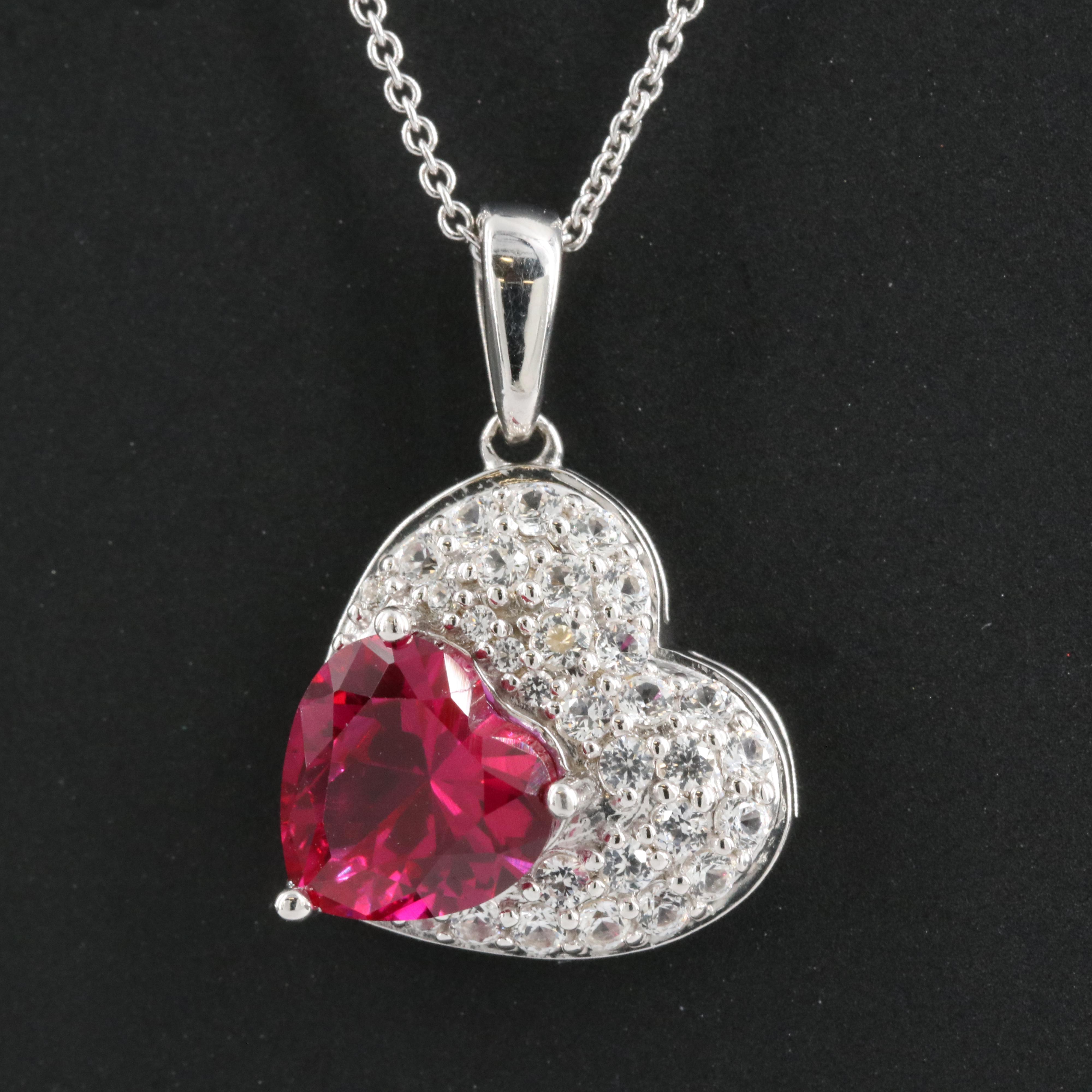 Sterling Ruby and Sapphire Heart Pendant Necklace