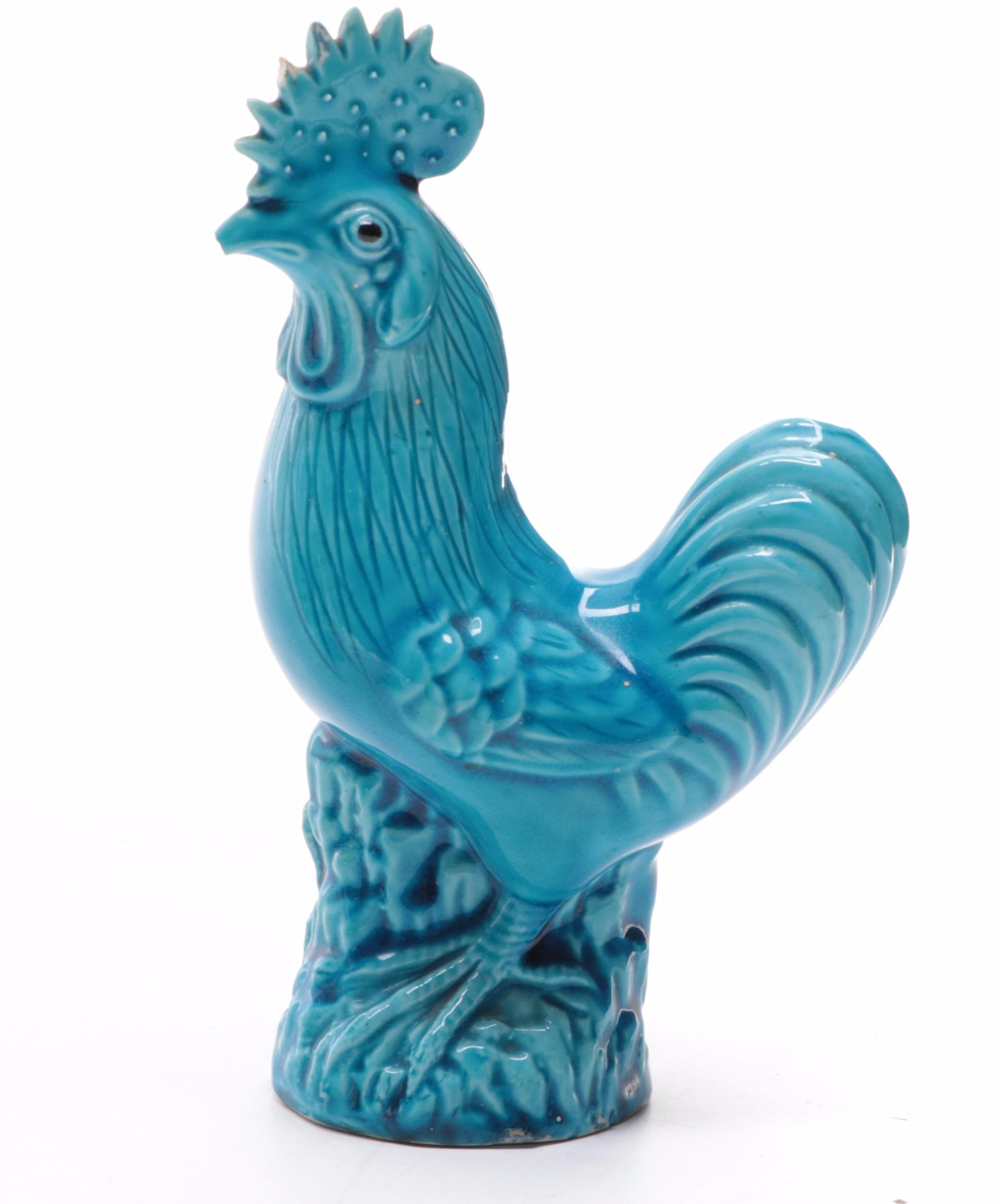 Chinese Earthenware Turquoise Majolica Rooster and Other Figurines