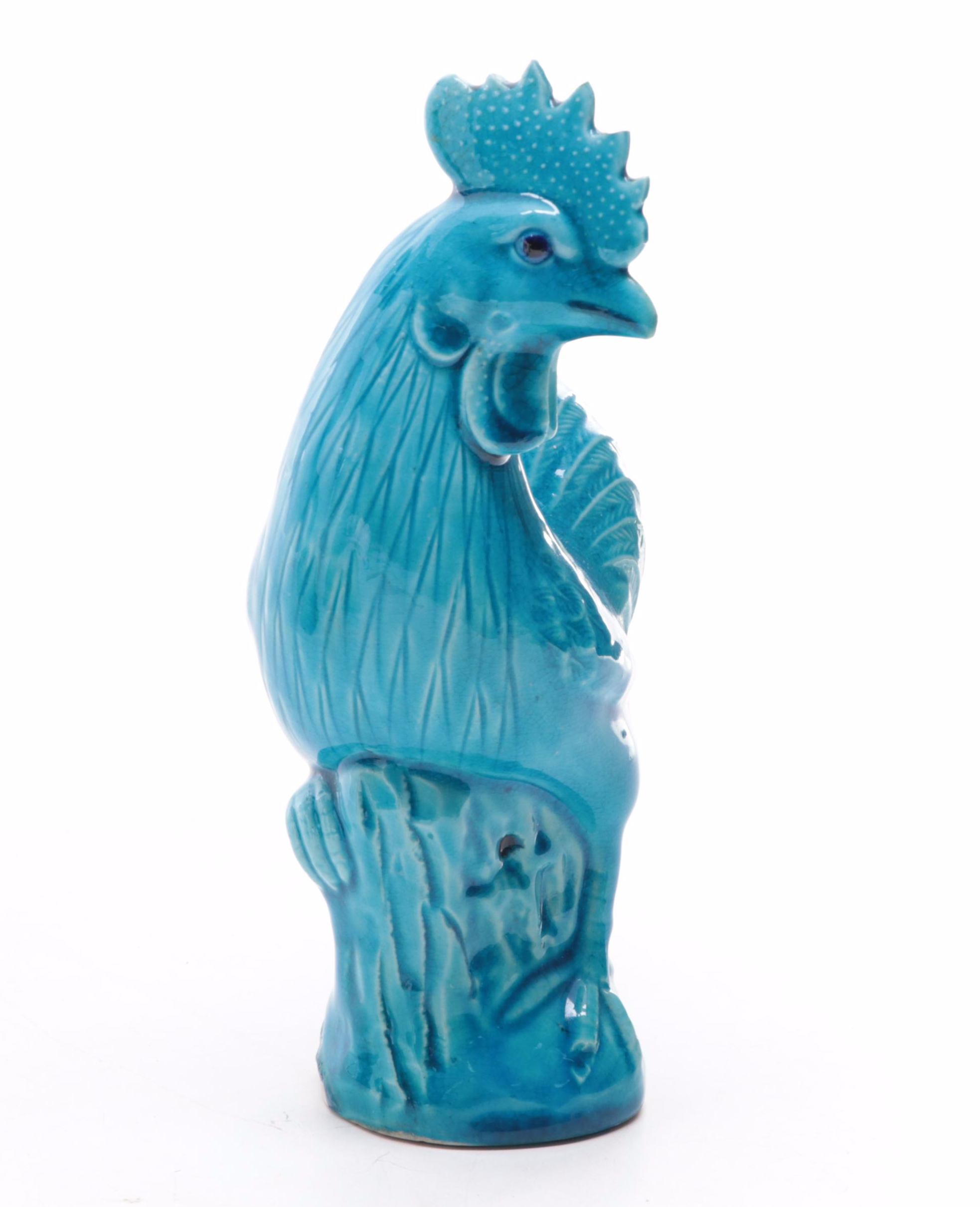 Chinese Earthenware Turquoise Majolica Rooster and Other Figurines