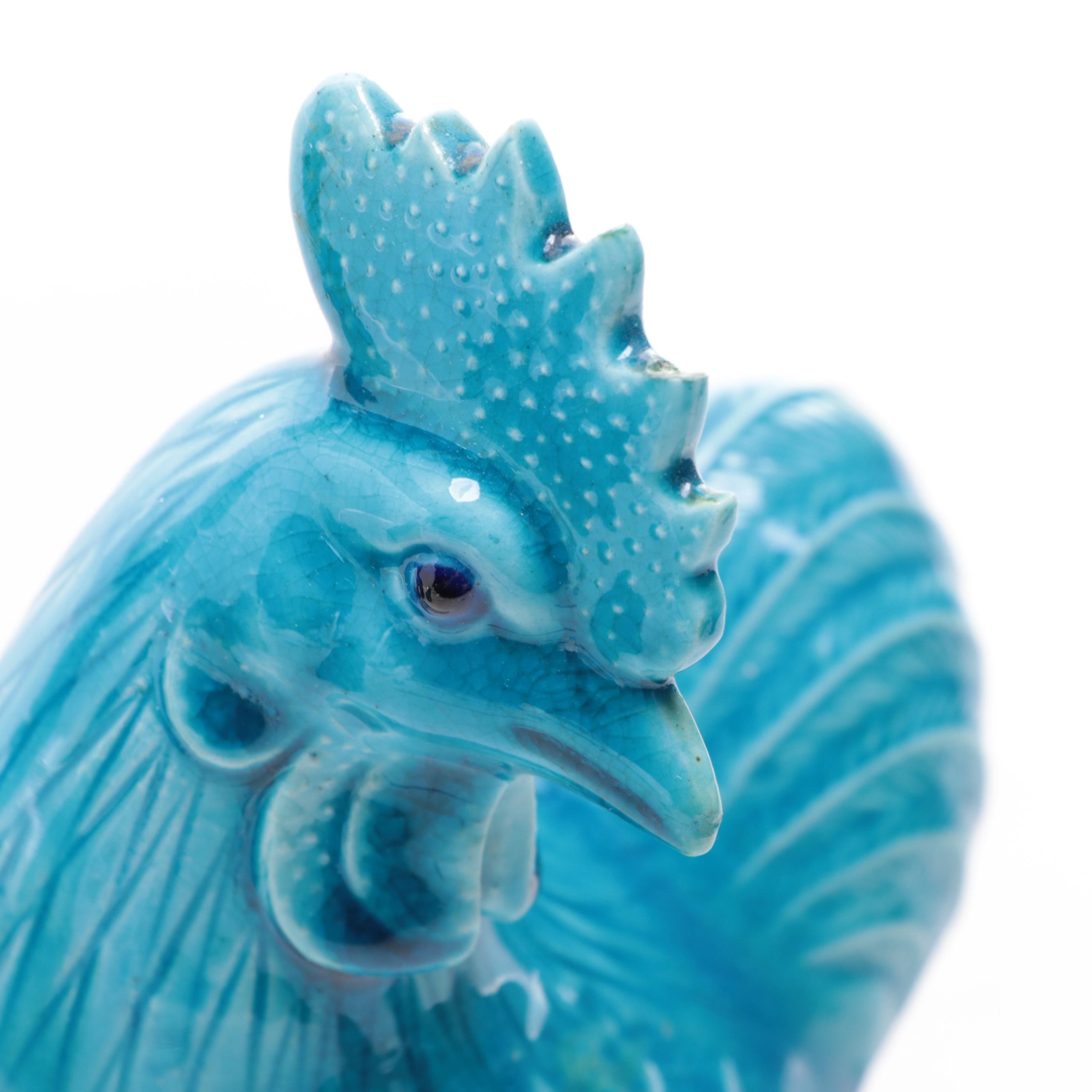 Chinese Earthenware Turquoise Majolica Rooster and Other Figurines