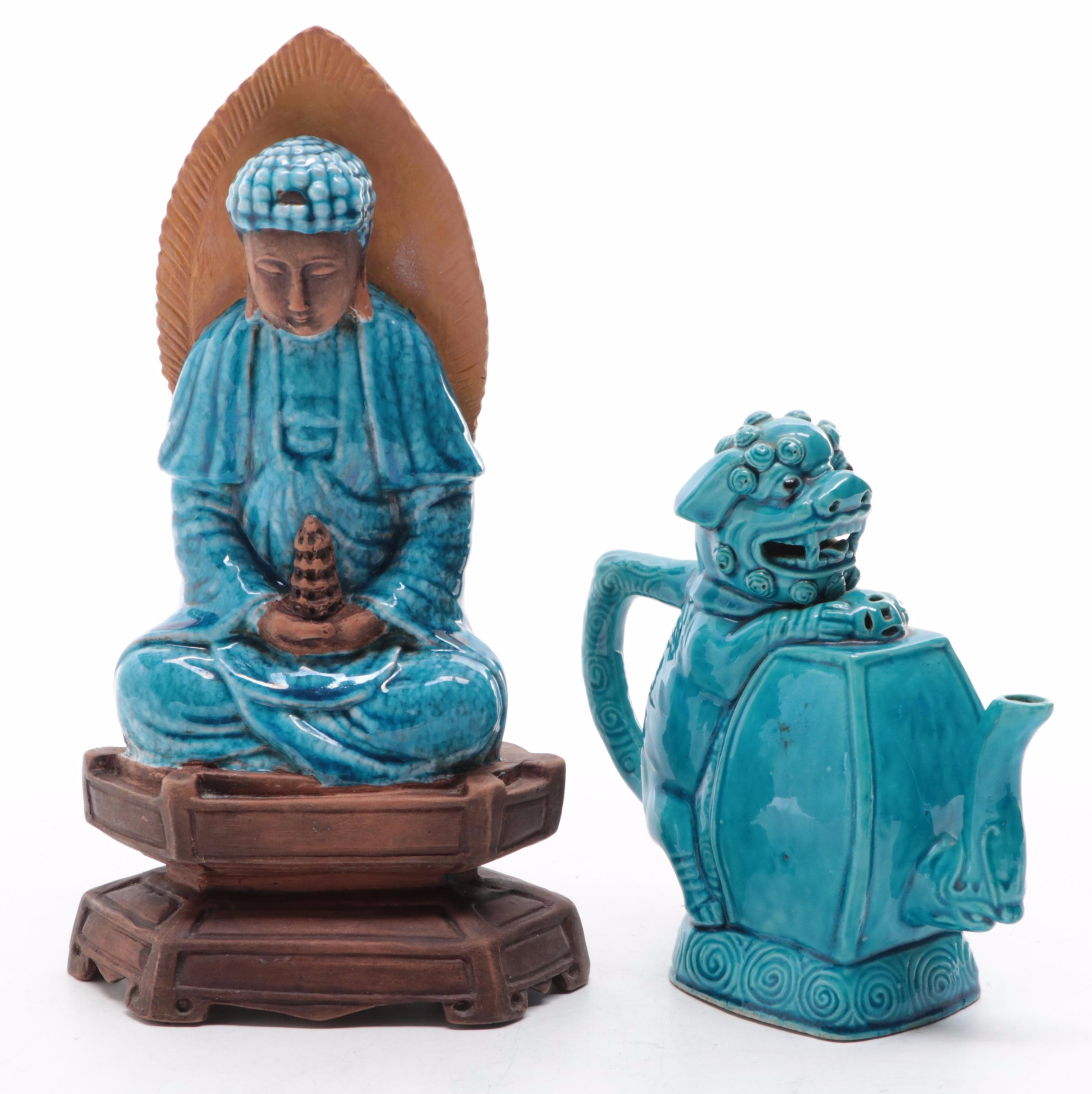 Chinese Earthenware Turquoise Majolica Rooster and Other Figurines