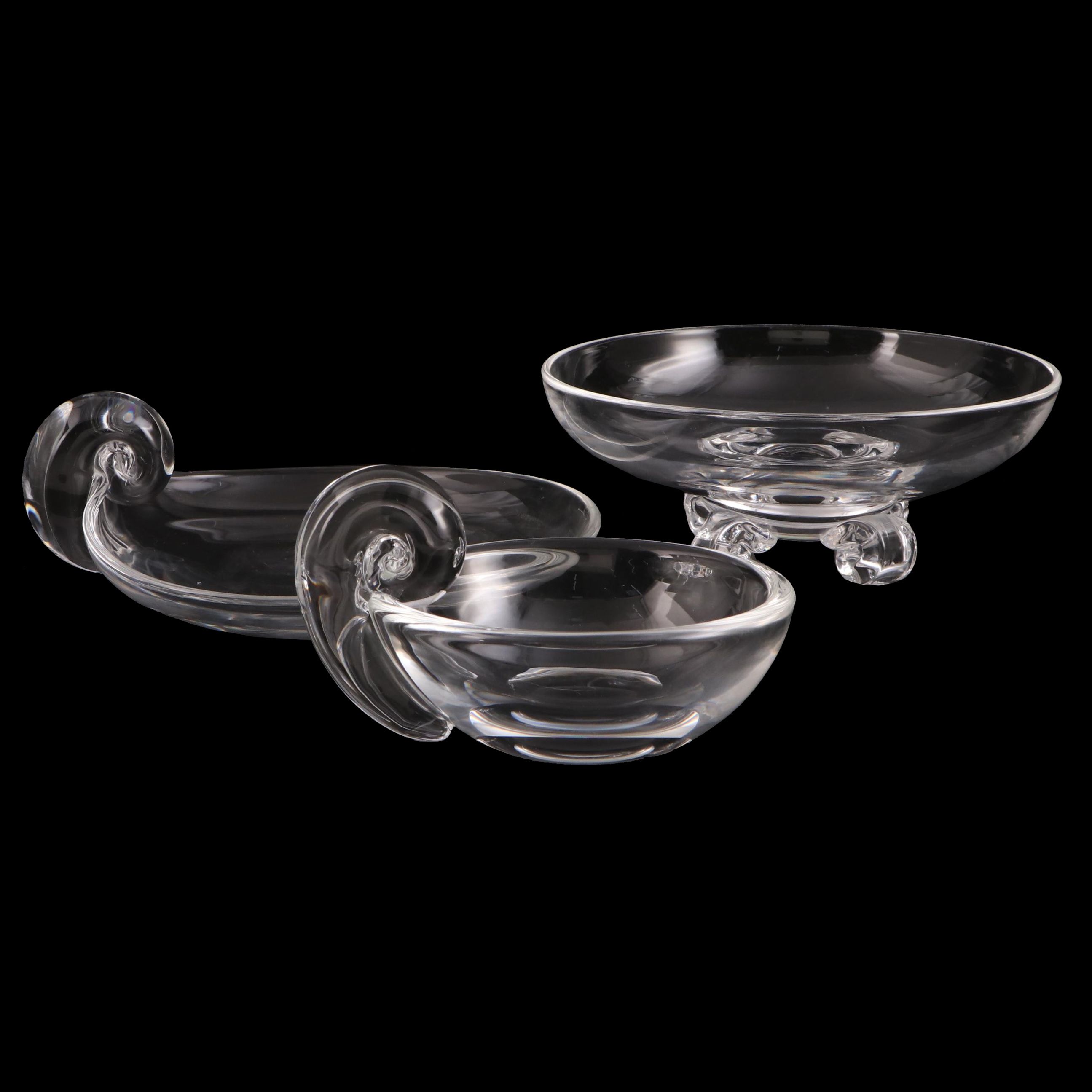 Steuben Art Glass Scroll-Footed Bowl with Scroll Handle Dishes