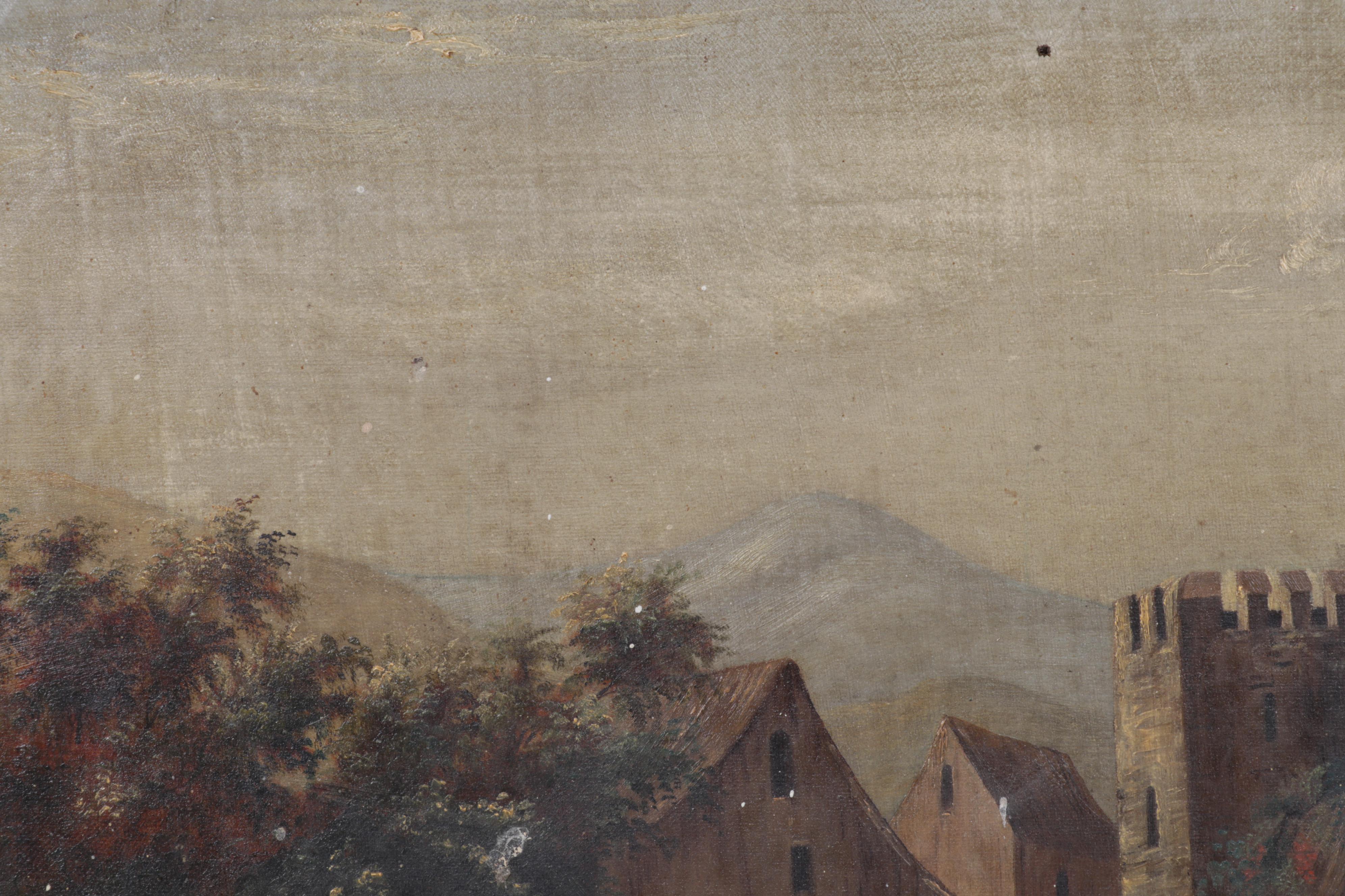 European Village Canal and Stone Bridge Oil Painting, Late 19th Century