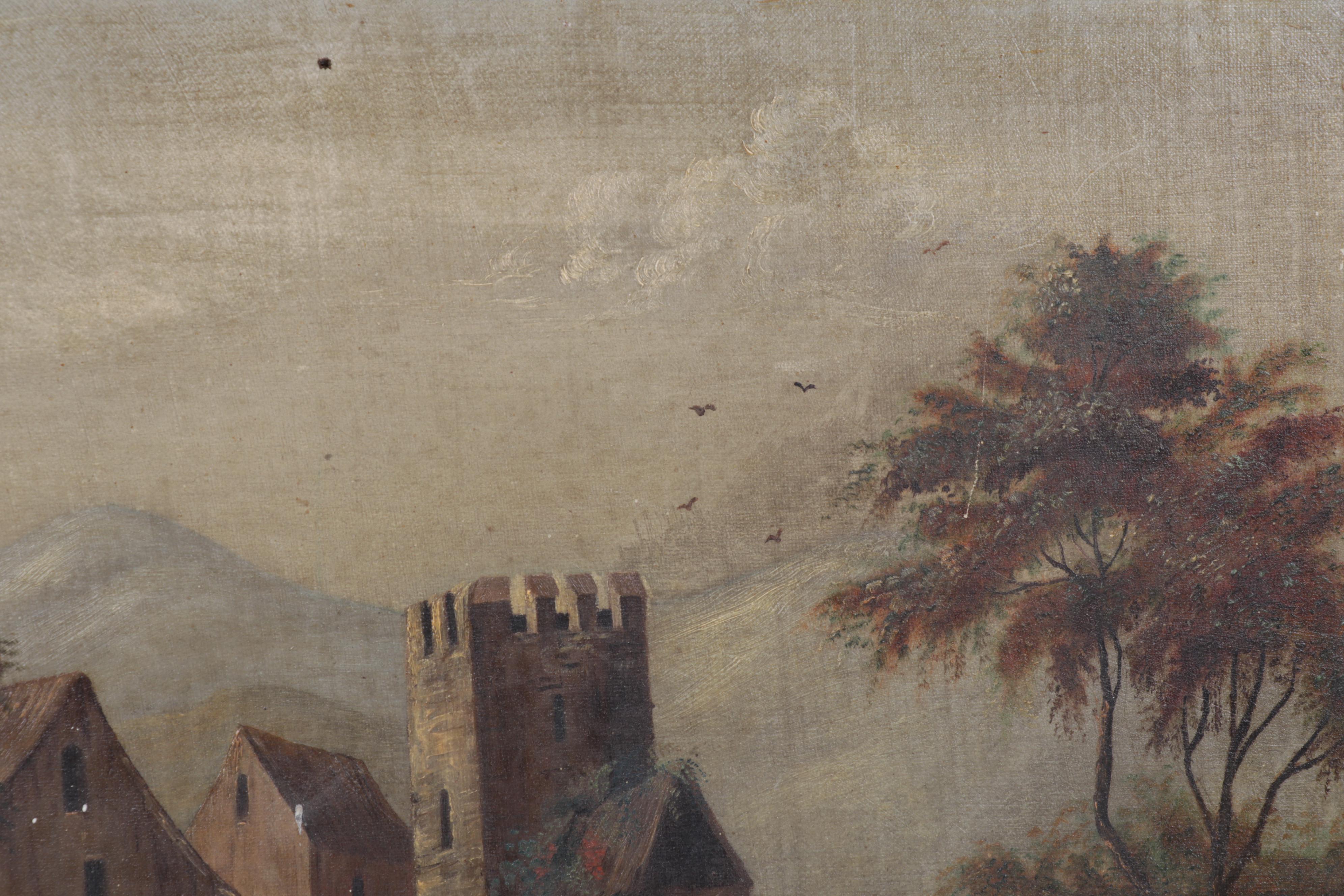 European Village Canal and Stone Bridge Oil Painting, Late 19th Century