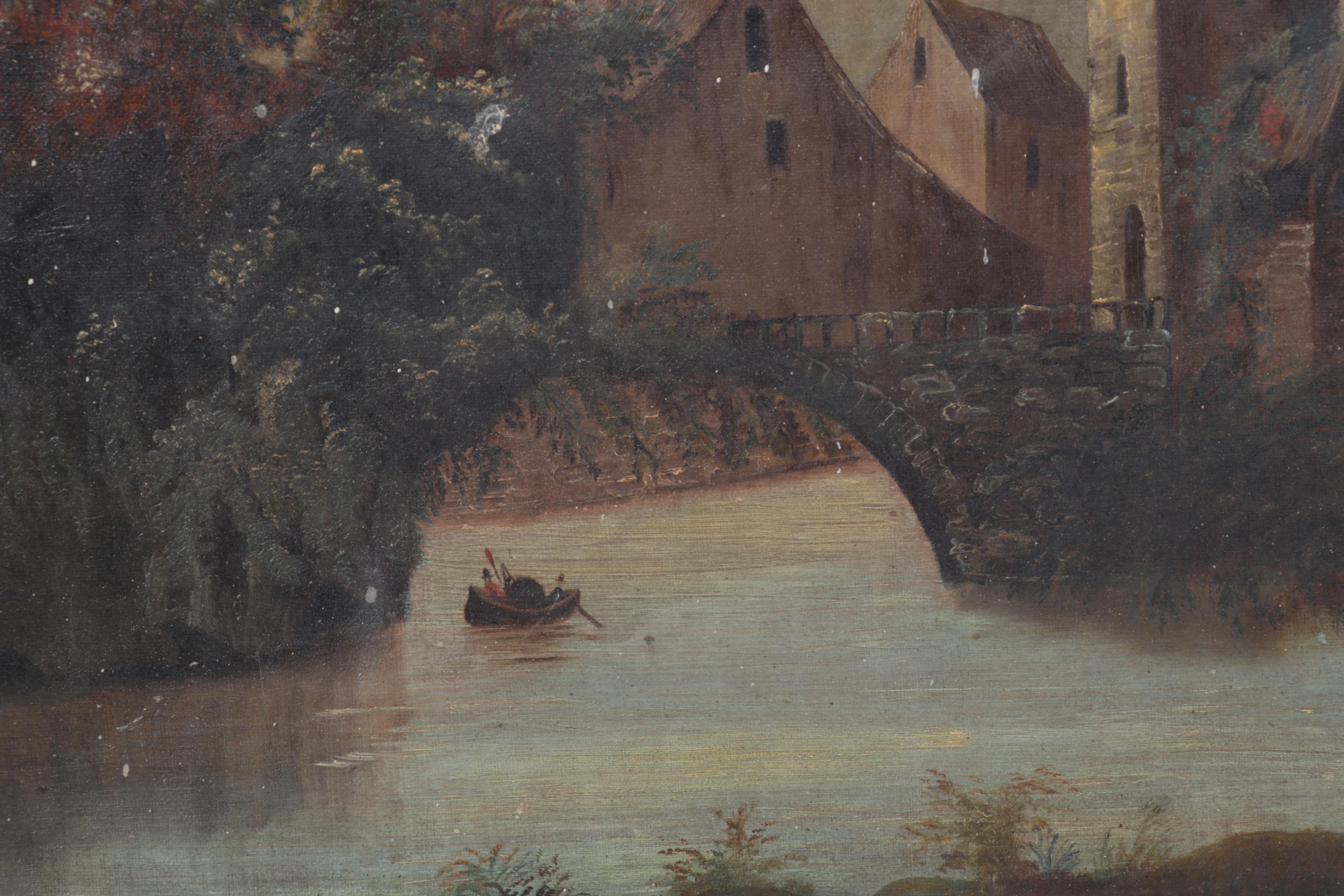 European Village Canal and Stone Bridge Oil Painting, Late 19th Century
