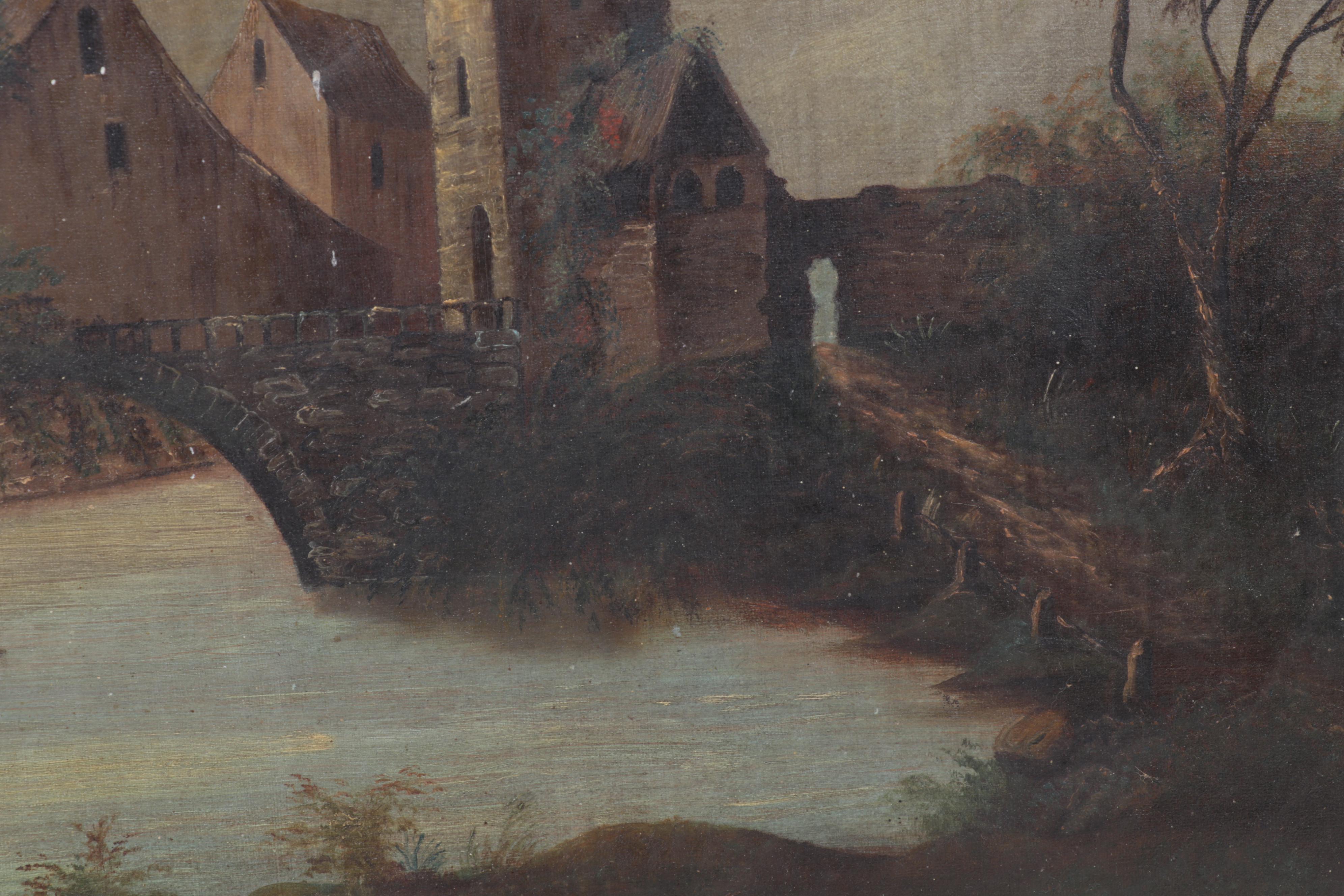 European Village Canal and Stone Bridge Oil Painting, Late 19th Century
