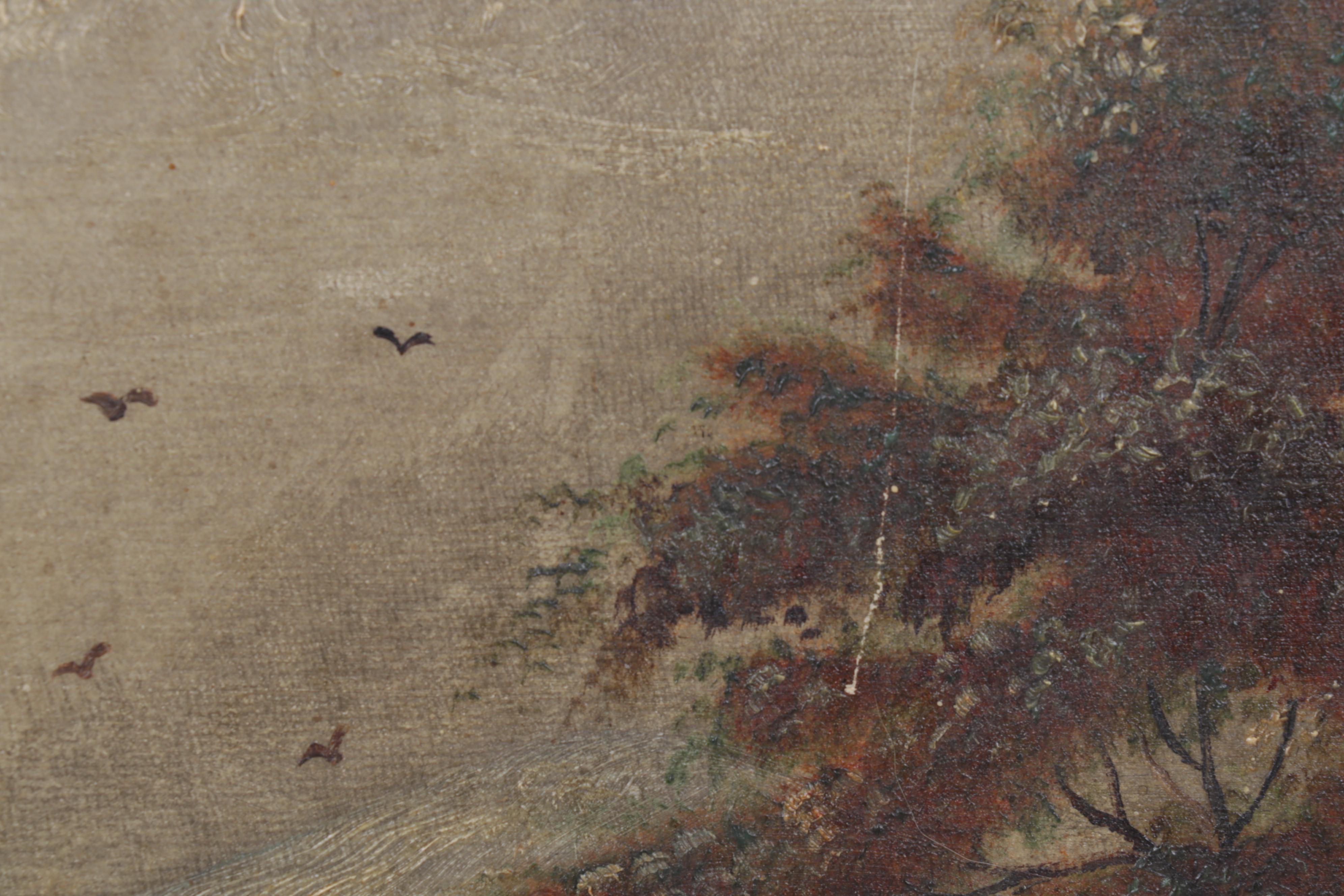 European Village Canal and Stone Bridge Oil Painting, Late 19th Century