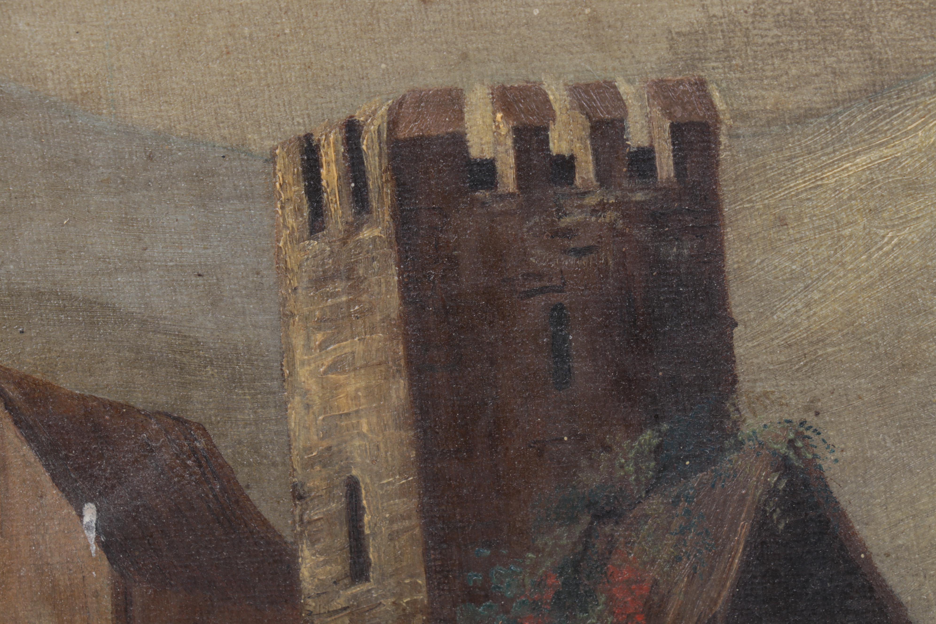 European Village Canal and Stone Bridge Oil Painting, Late 19th Century