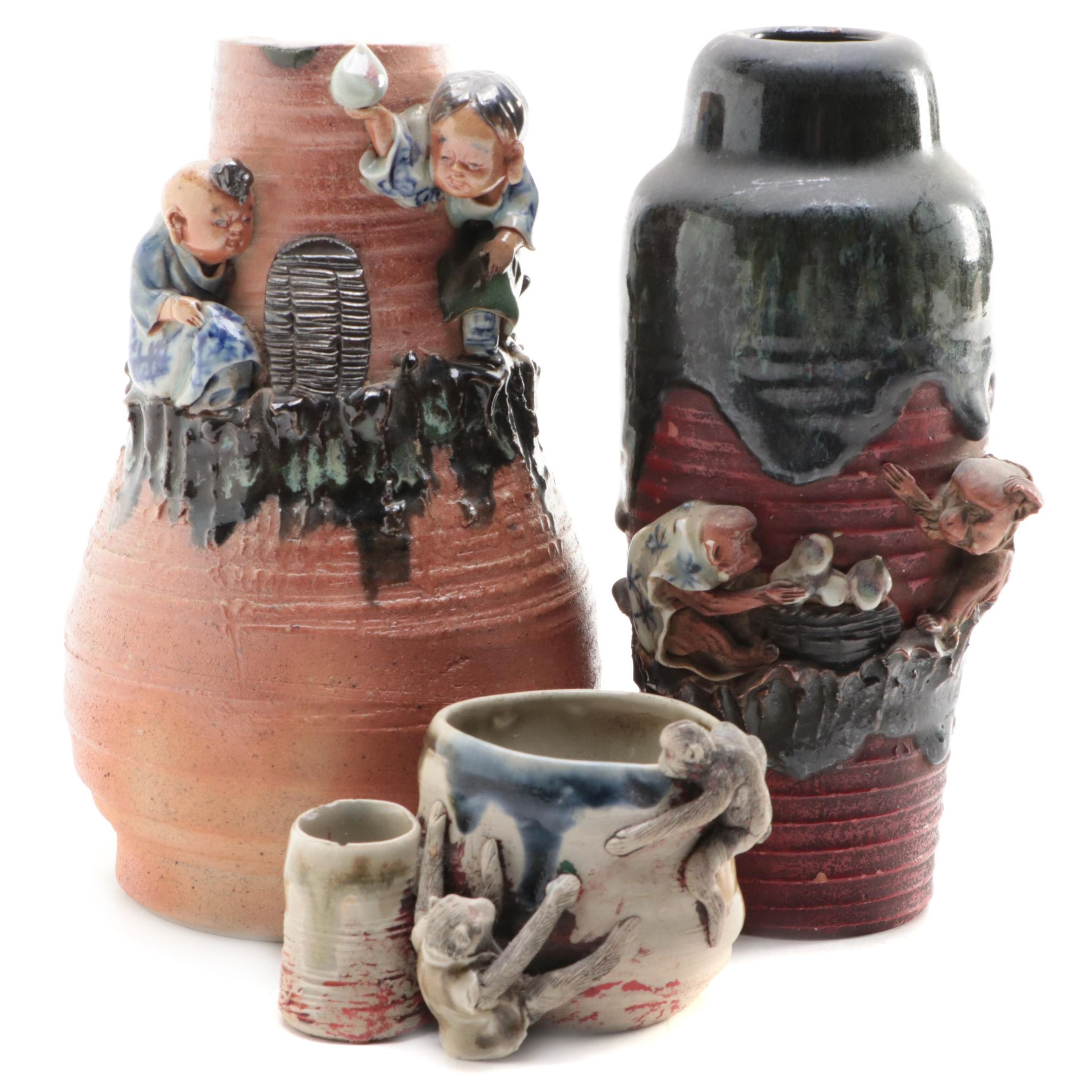 Japanese Sumida Gawa Pottery Vases and Brush Cup
