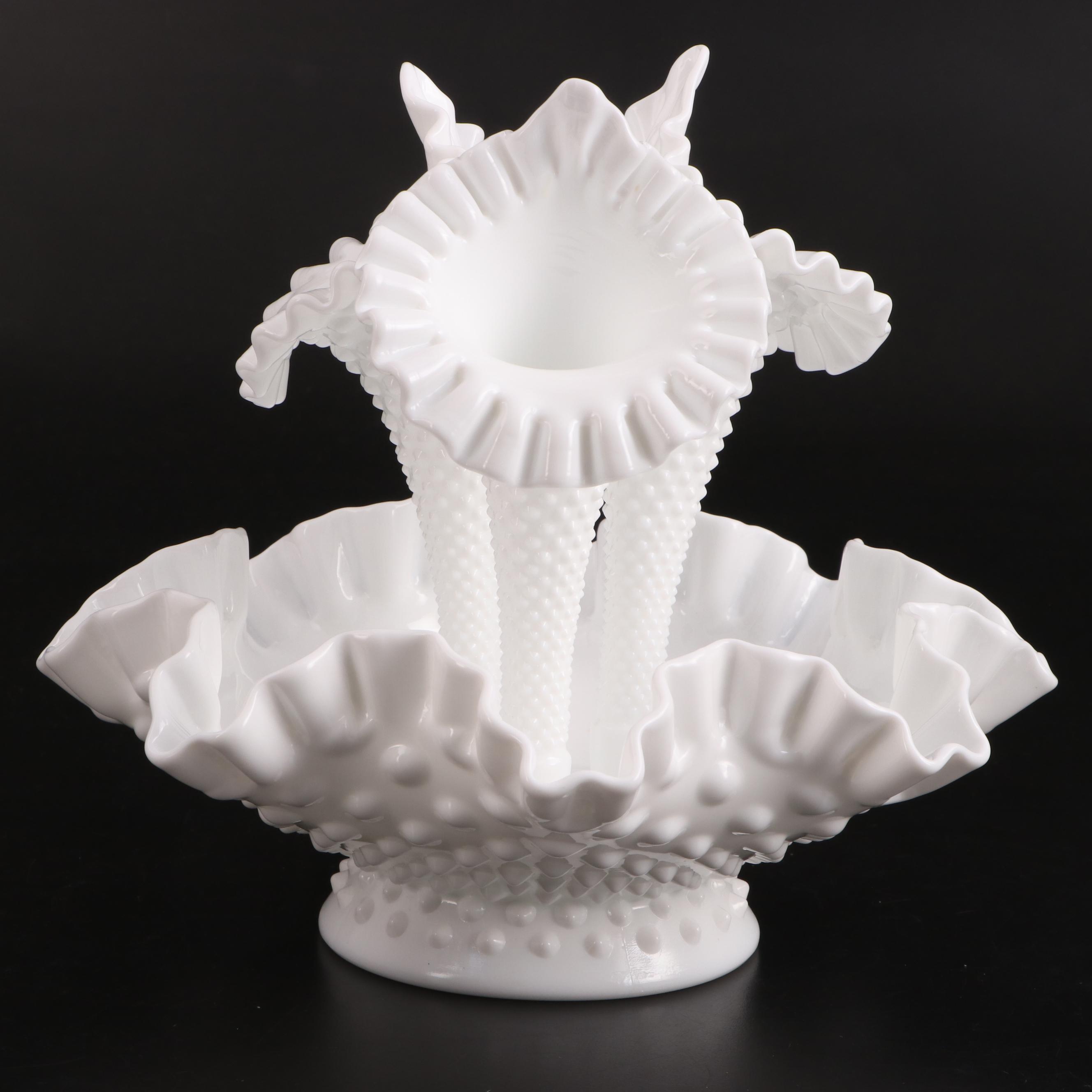 Fenton and Other Hobnail Milk Glass Bowls, Epergne and Vase