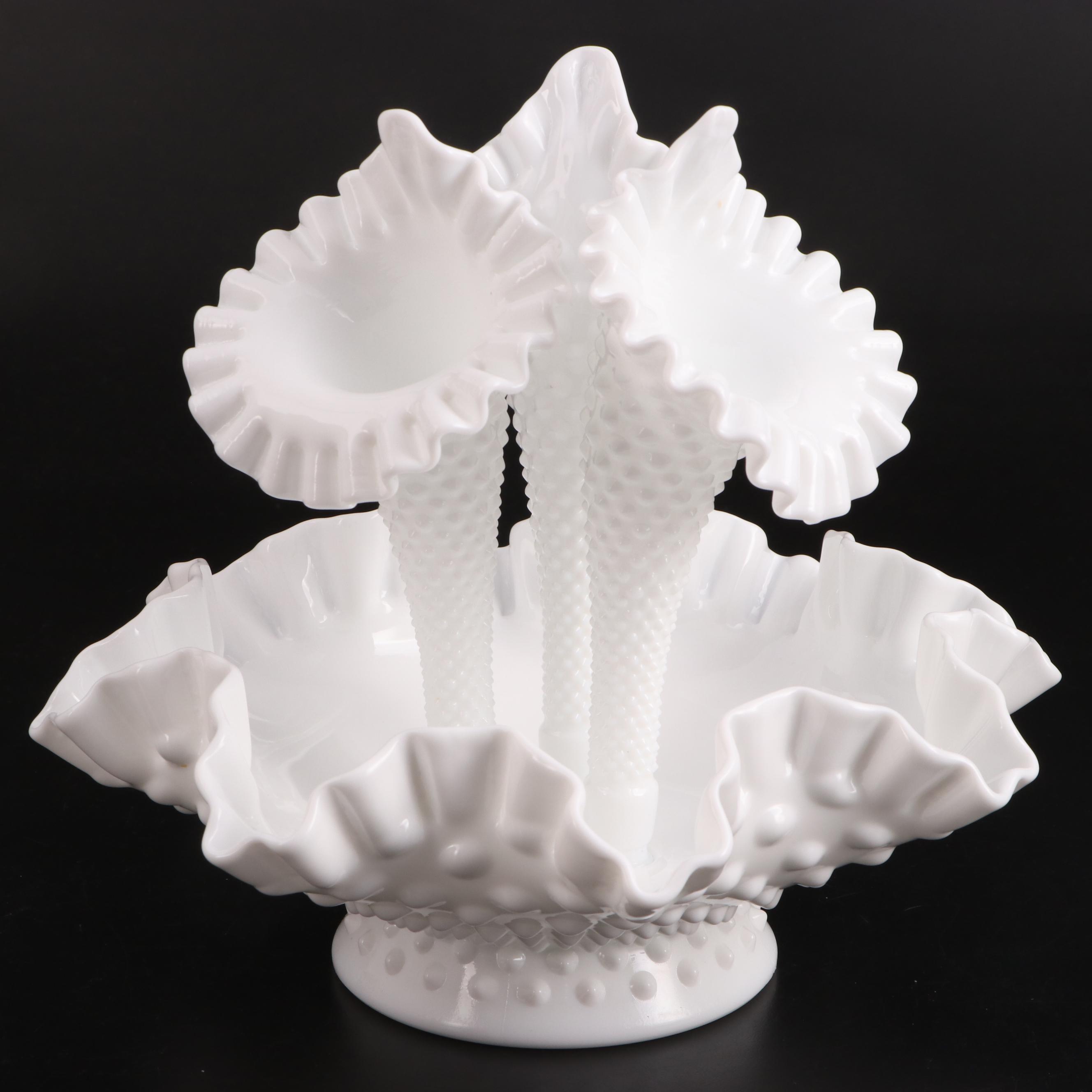 Fenton and Other Hobnail Milk Glass Bowls, Epergne and Vase