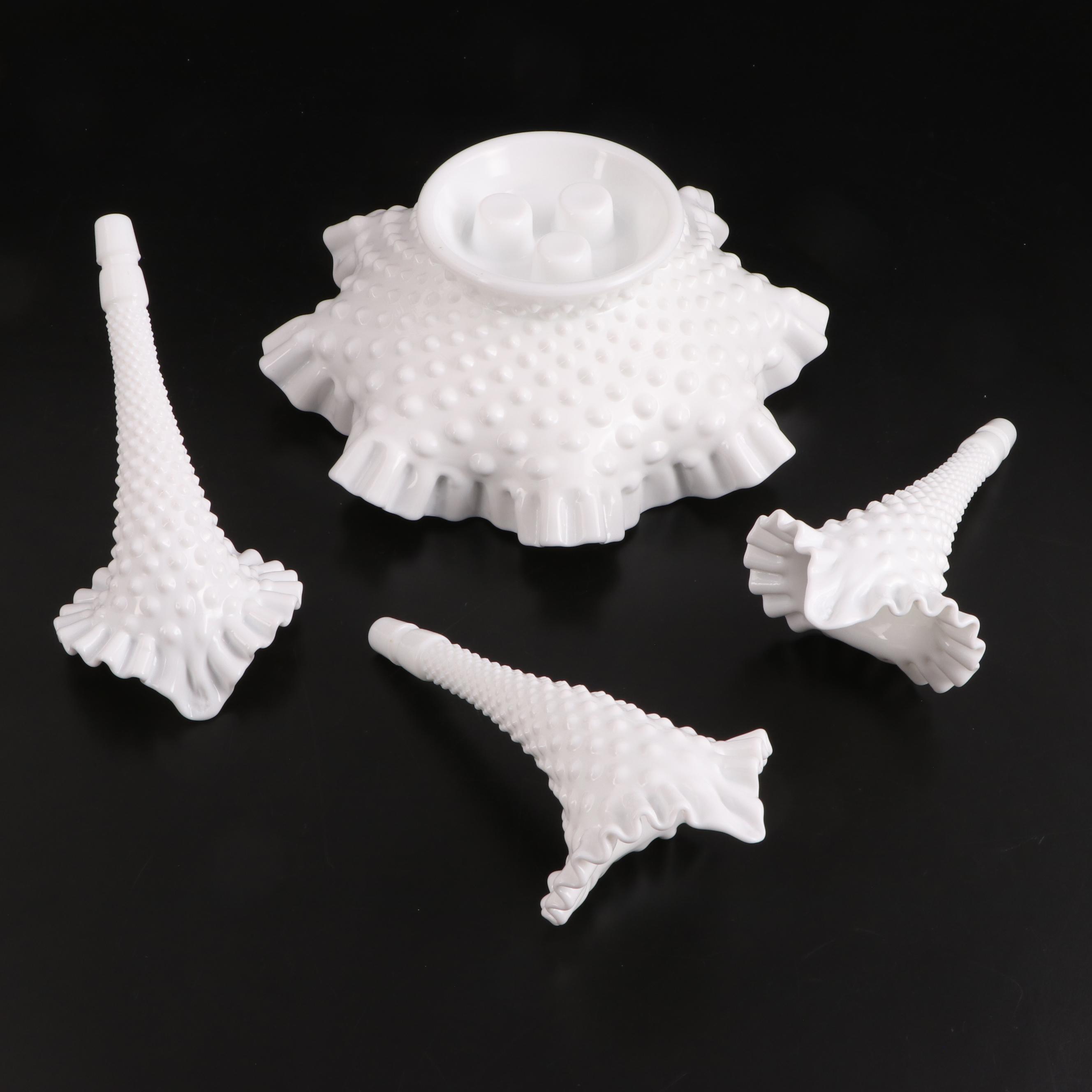 Fenton and Other Hobnail Milk Glass Bowls, Epergne and Vase