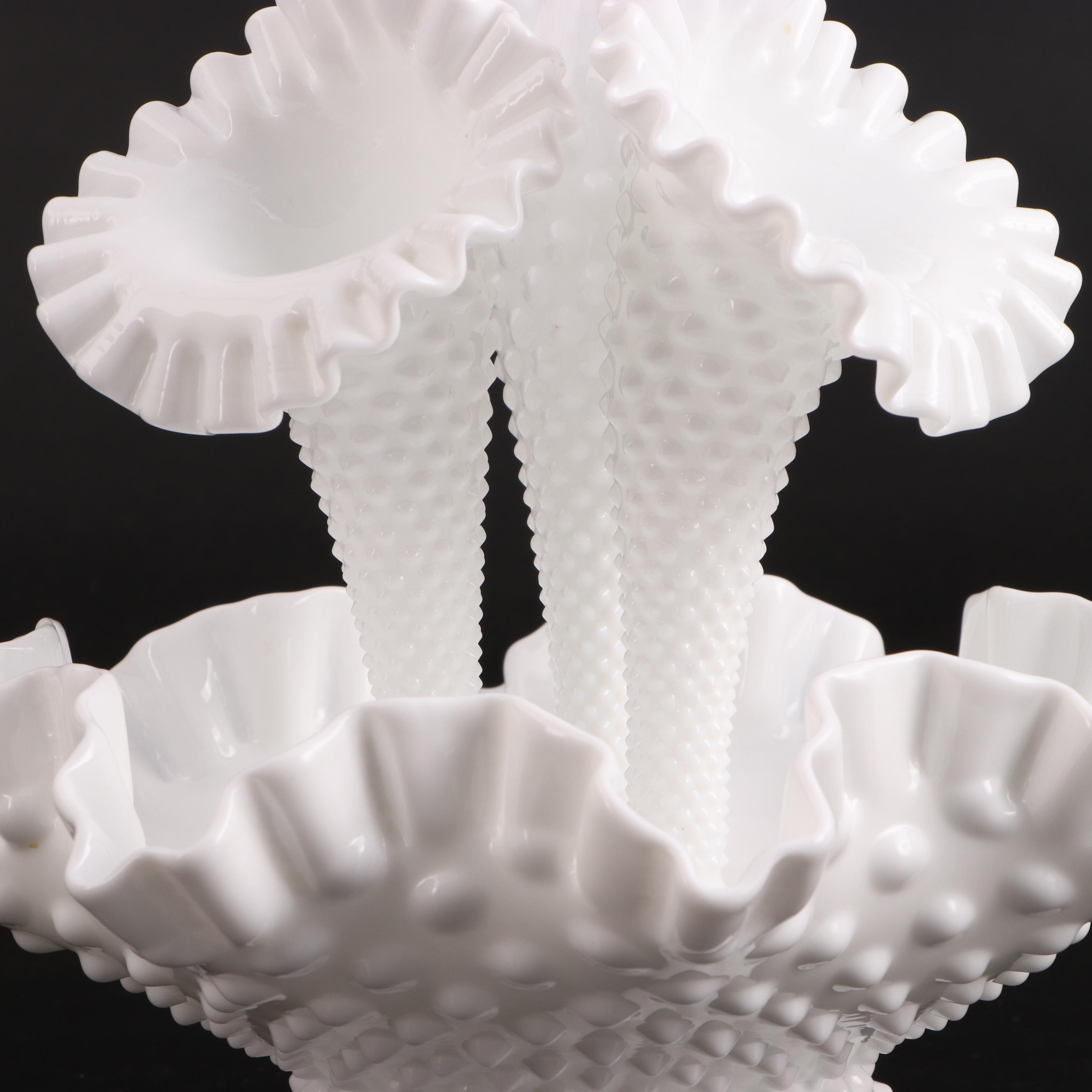 Fenton and Other Hobnail Milk Glass Bowls, Epergne and Vase