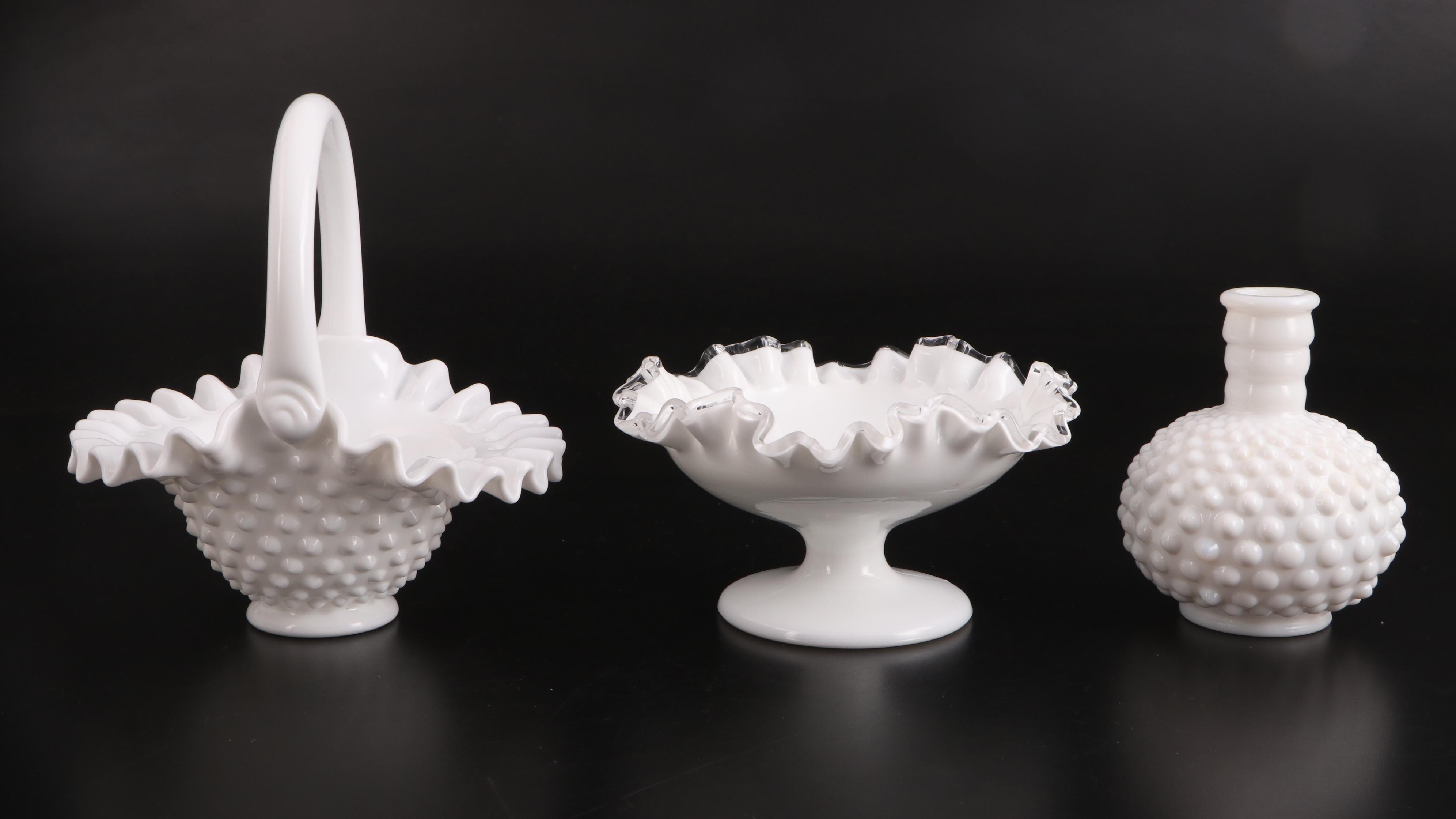 Fenton and Other Hobnail Milk Glass Bowls, Epergne and Vase