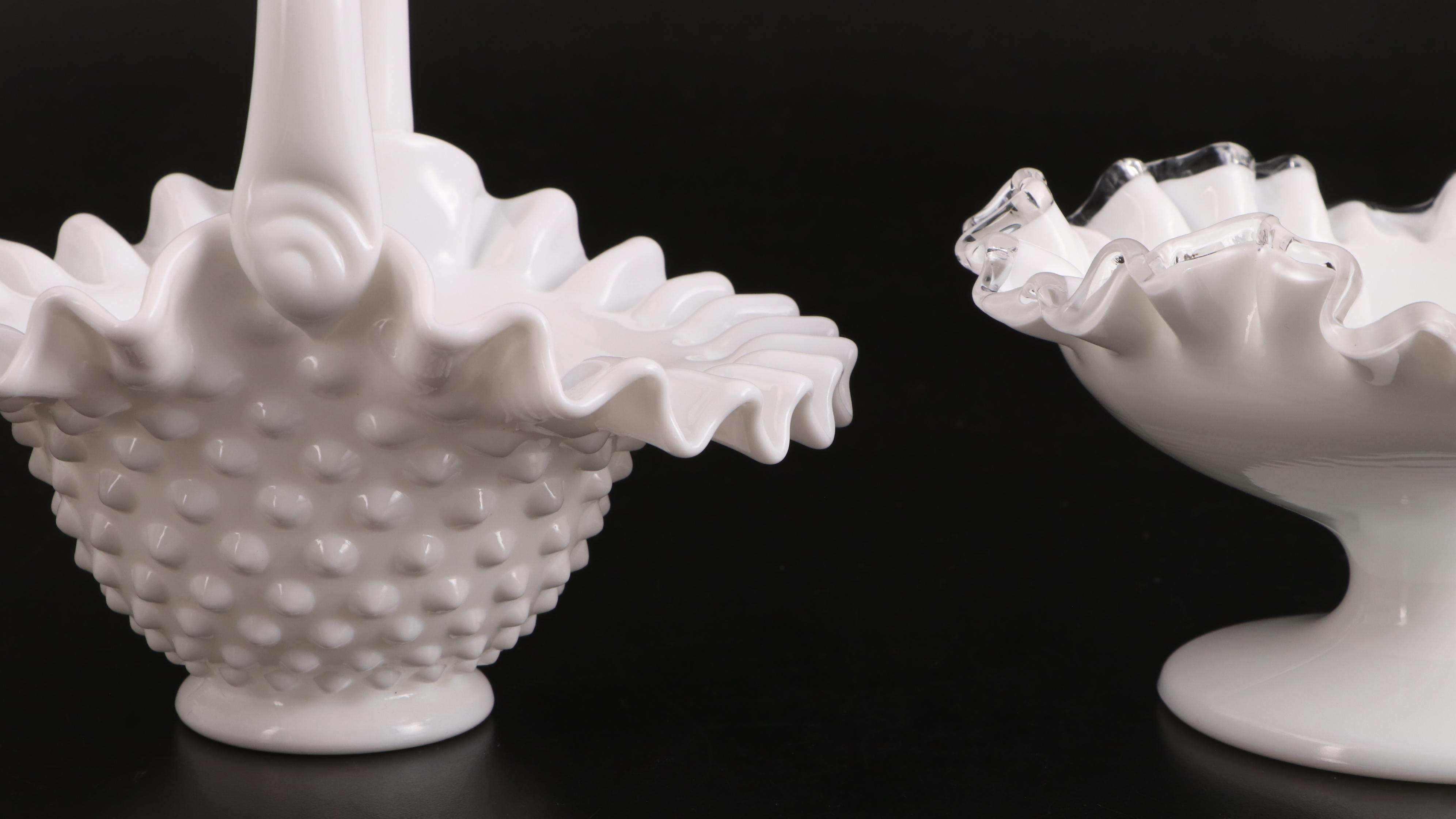 Fenton and Other Hobnail Milk Glass Bowls, Epergne and Vase