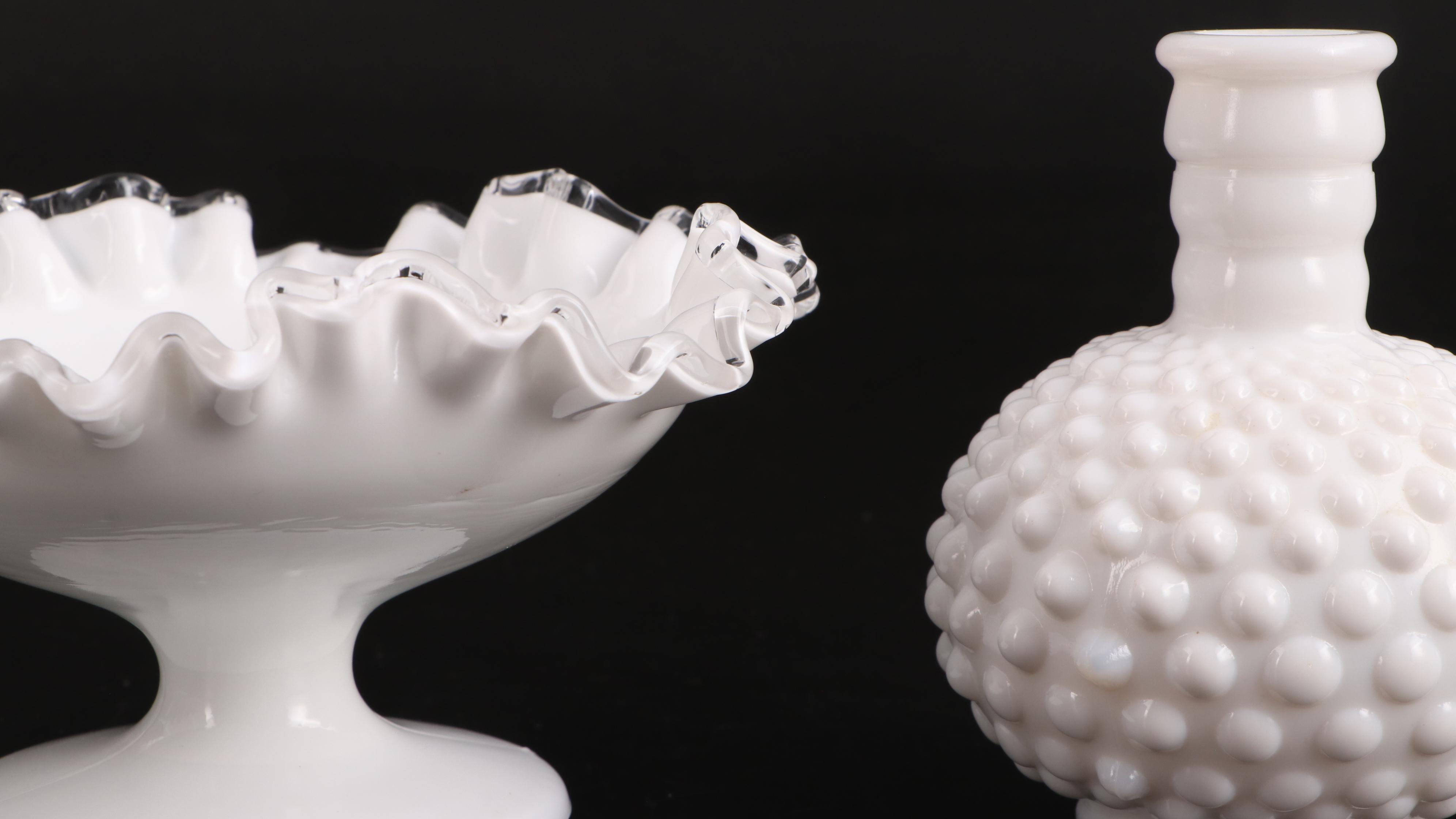 Fenton and Other Hobnail Milk Glass Bowls, Epergne and Vase