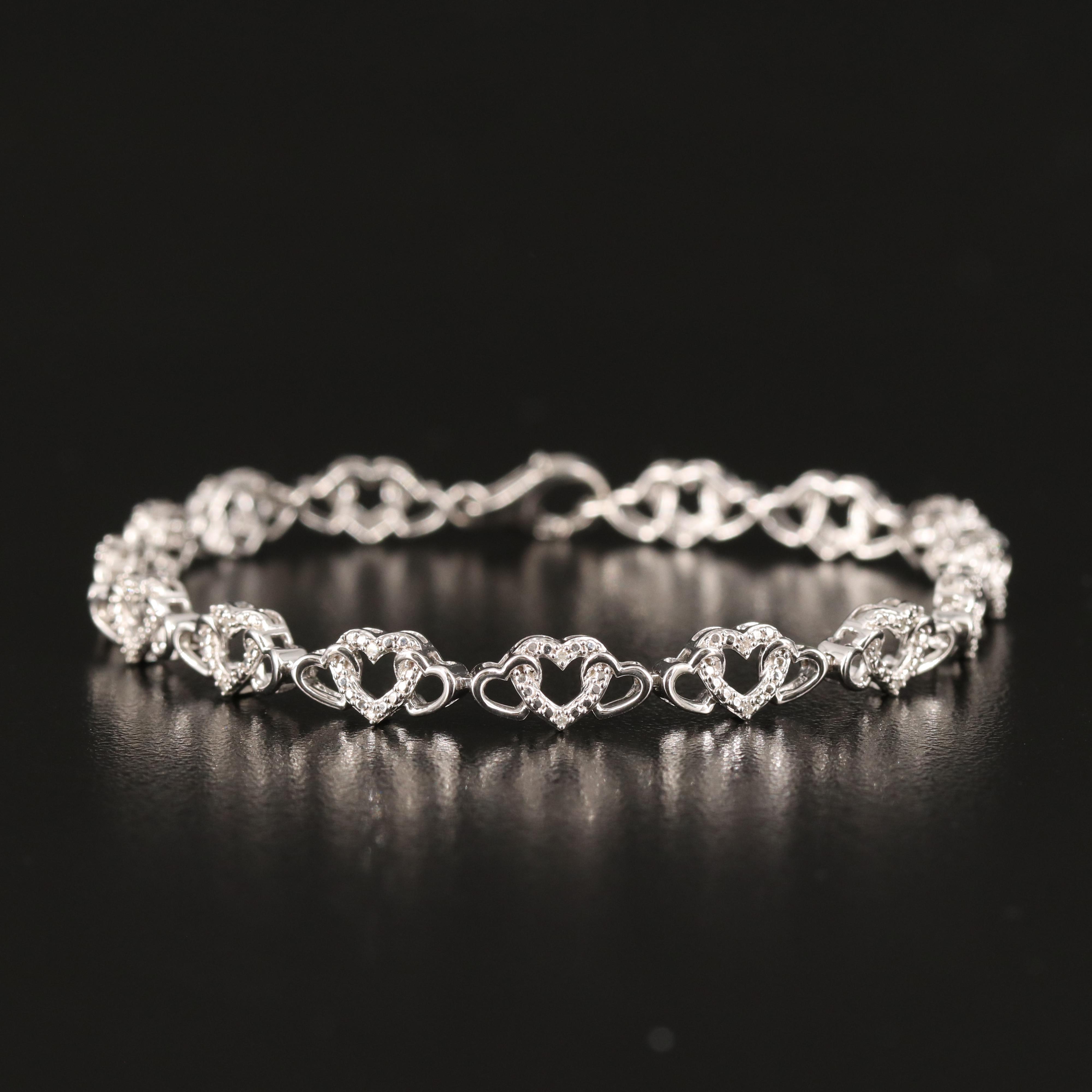 Sterling Diamond Heart Link Bracelet