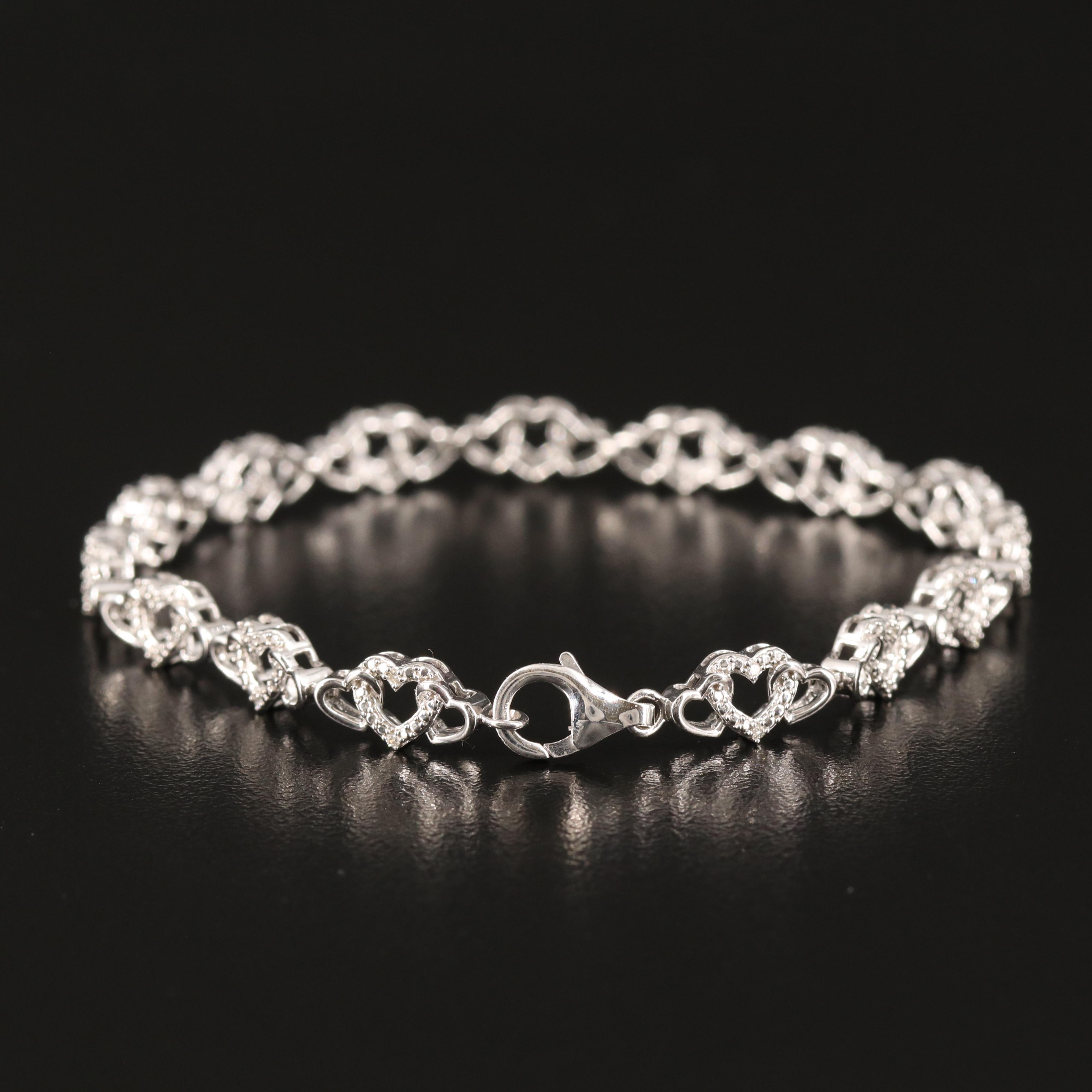 Sterling Diamond Heart Link Bracelet