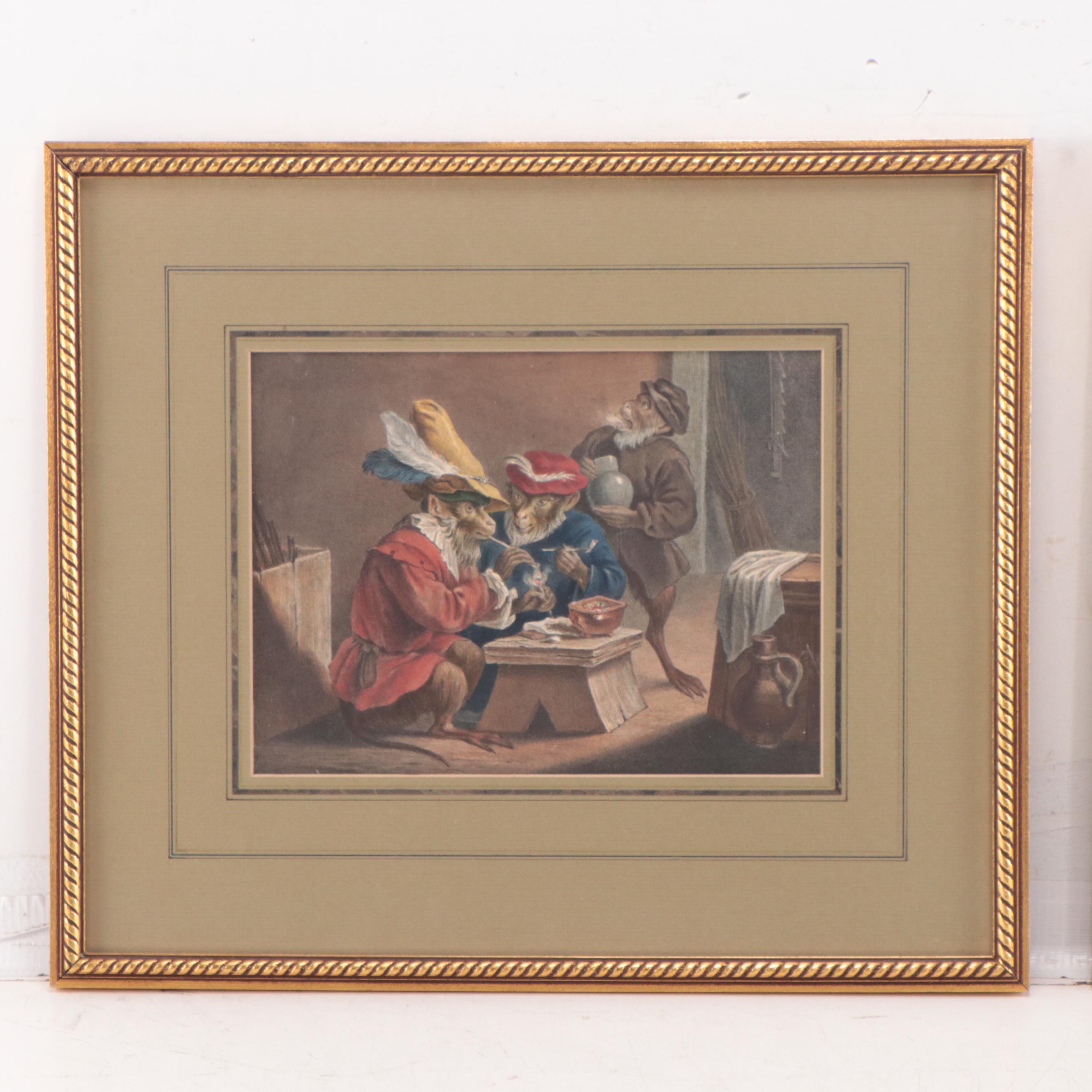 Hand-Colored Prints of Monkeys Smoking After David Teniers II