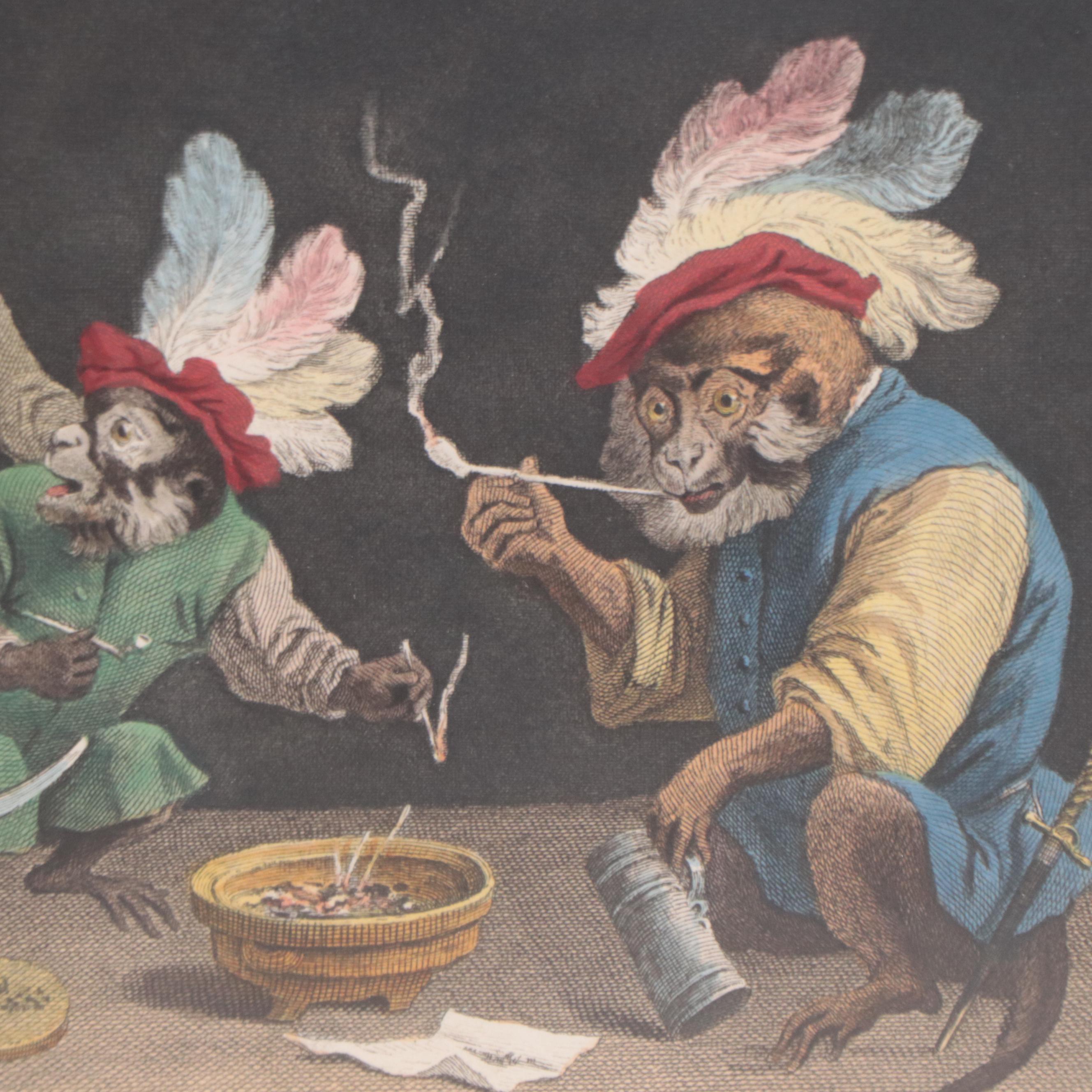 Hand-Colored Prints of Monkeys Smoking After David Teniers II