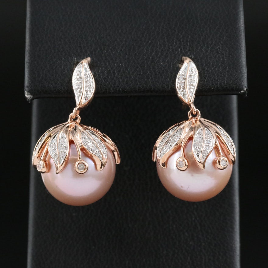 14K Rose Gold Pearl and Diamond Foliate Earrings