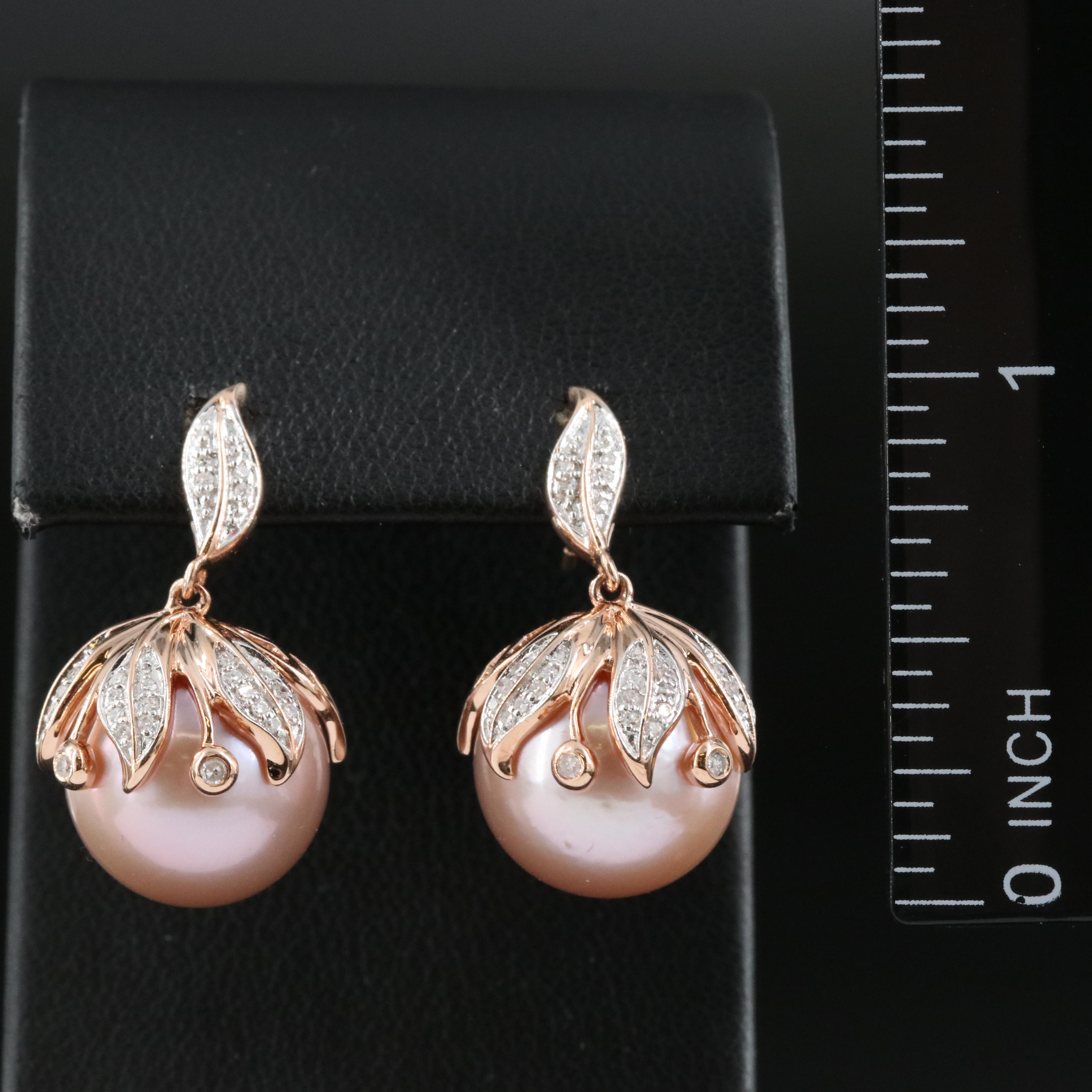 14K Rose Gold Pearl and Diamond Foliate Earrings