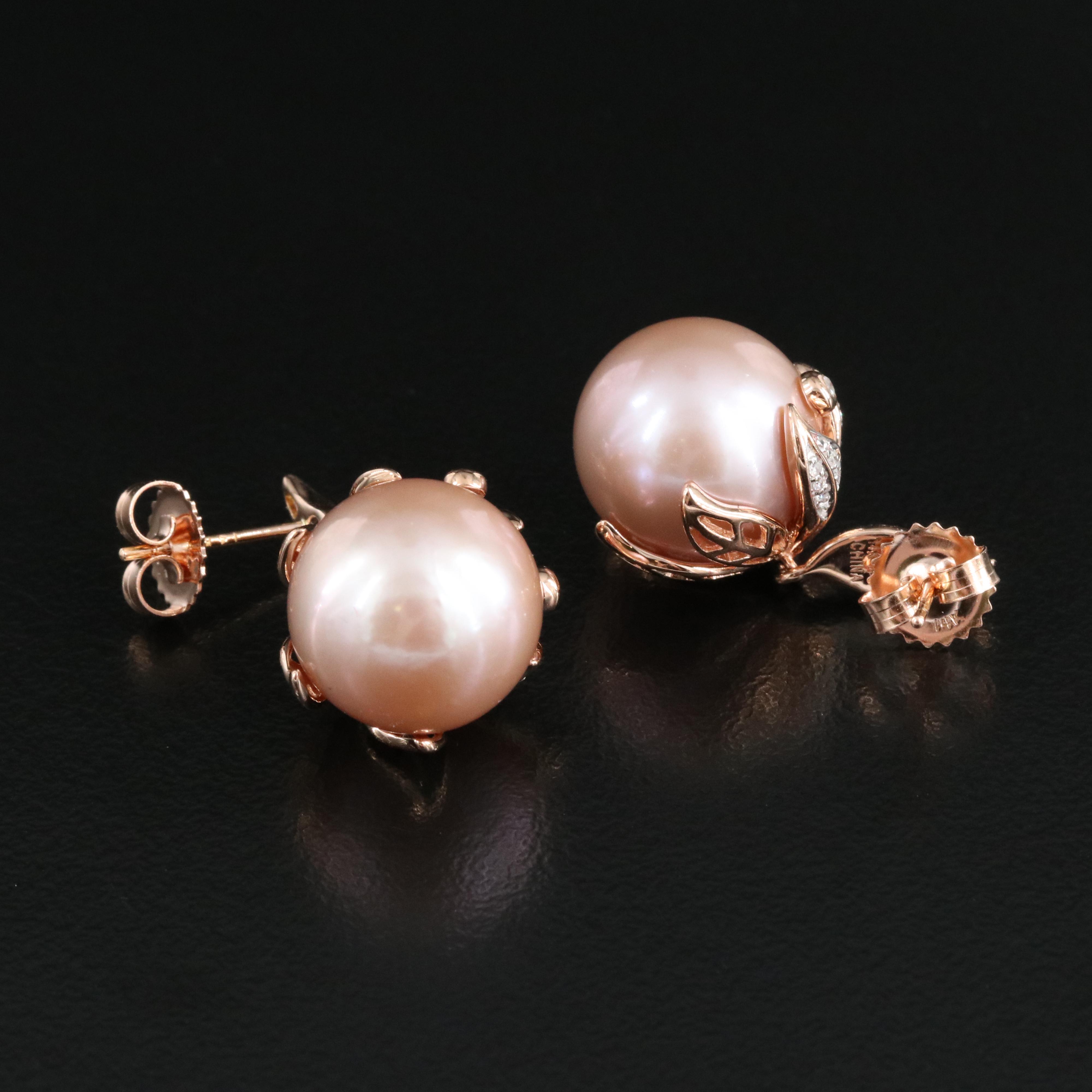 14K Rose Gold Pearl and Diamond Foliate Earrings