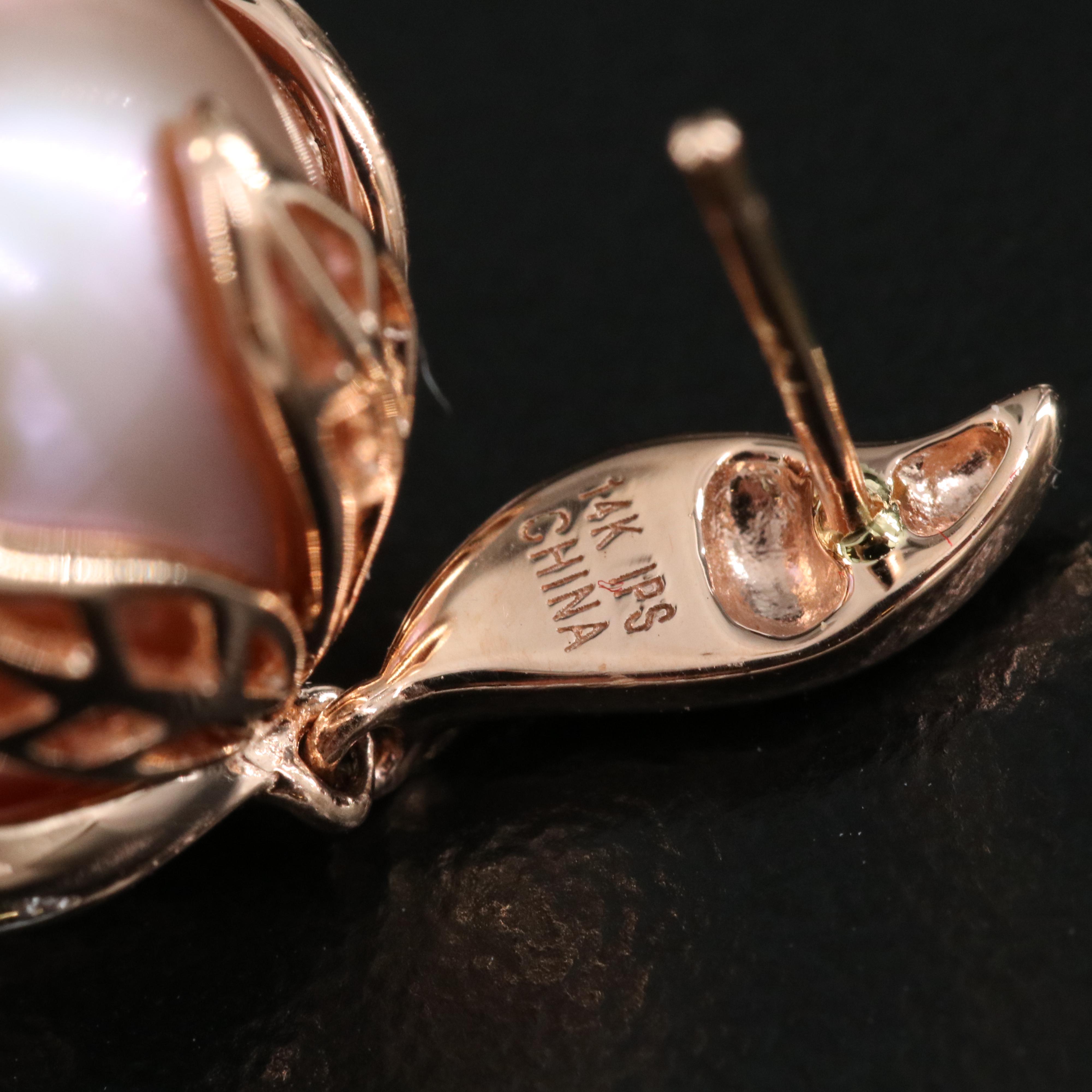 14K Rose Gold Pearl and Diamond Foliate Earrings