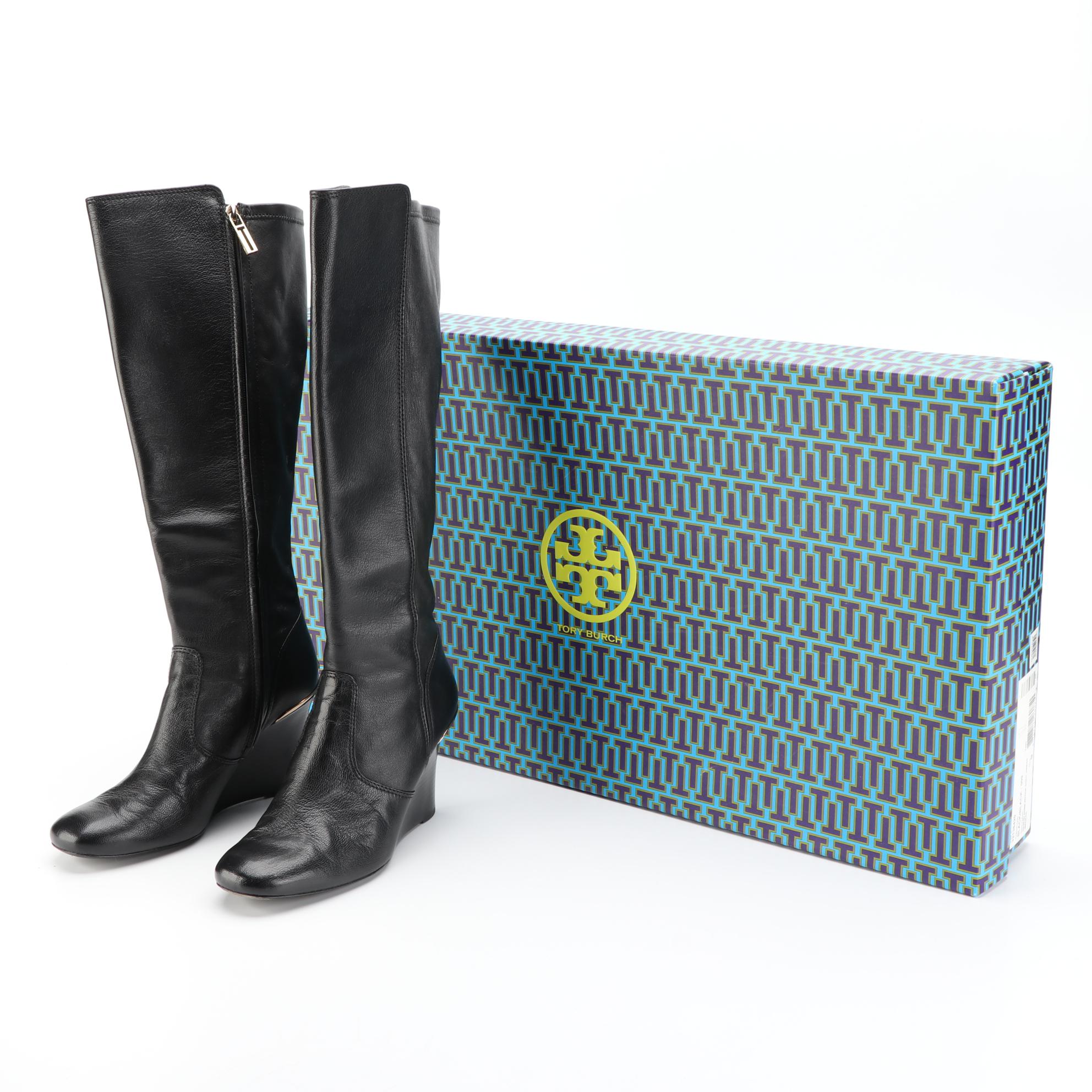 Tory Burch Hendin Leather Wedge Boots with Box