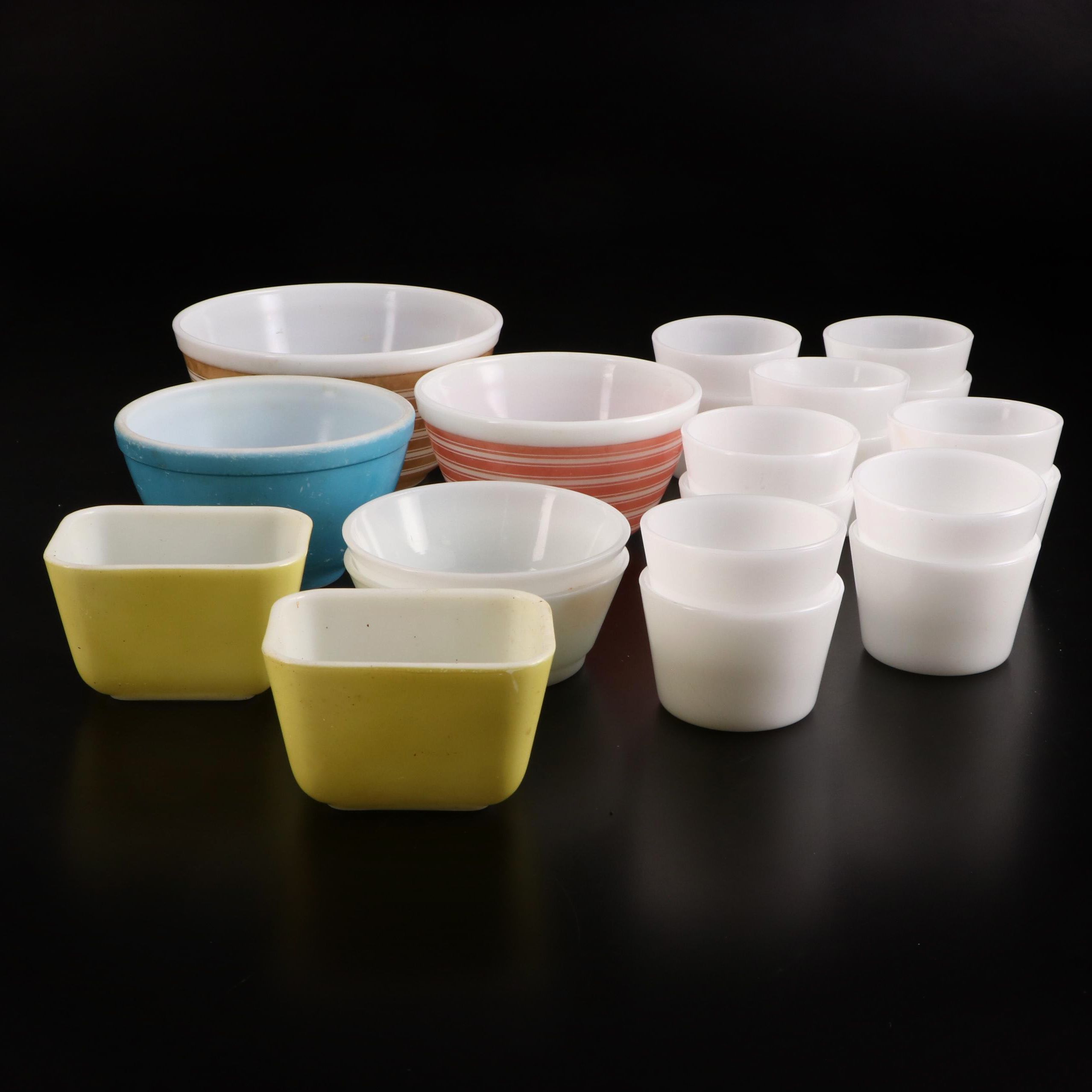 Pyrex and Anchor Hocking Bowls and Fridge Dishes with McKee Custard Cups