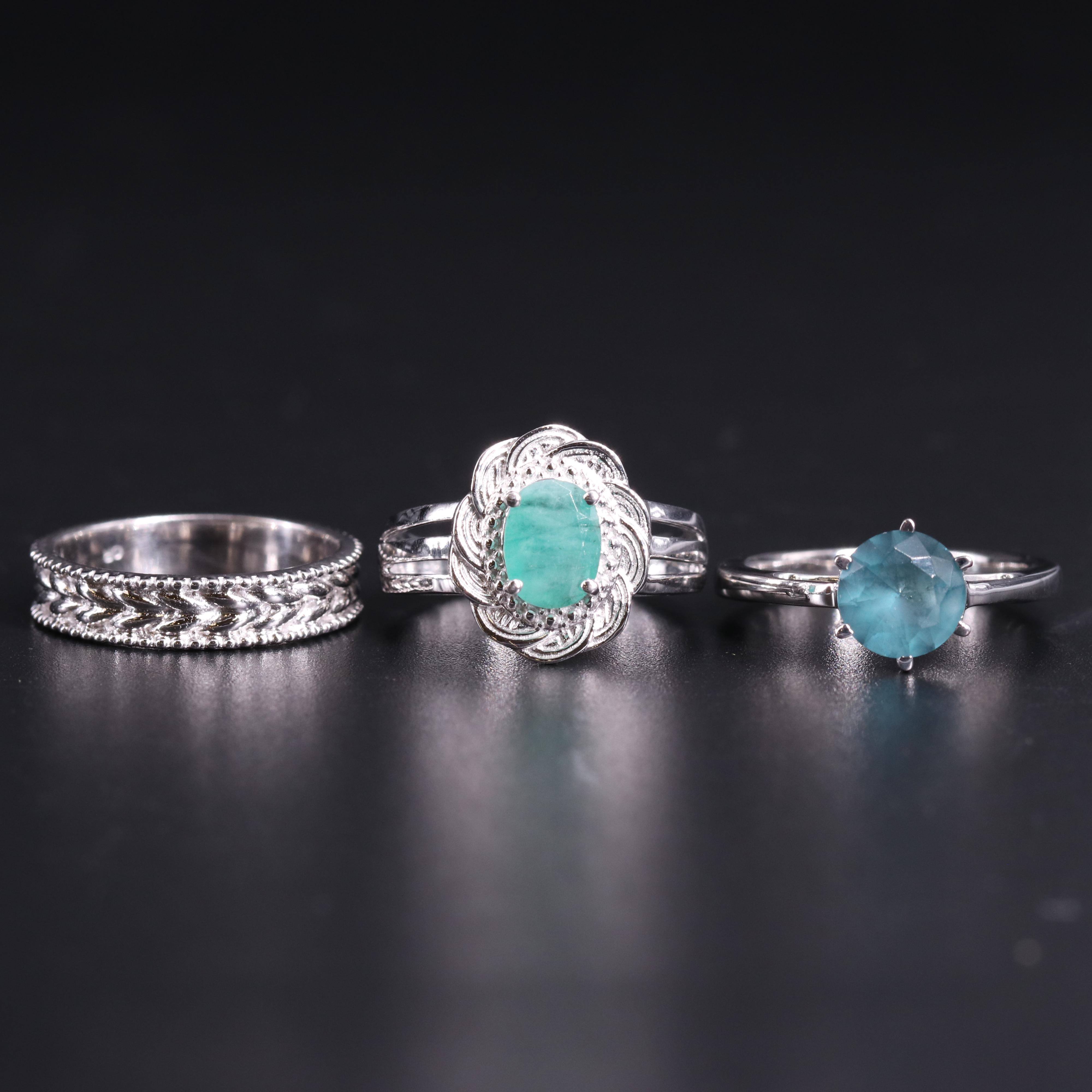 Sterling Silver Ring Trio Including Emerald