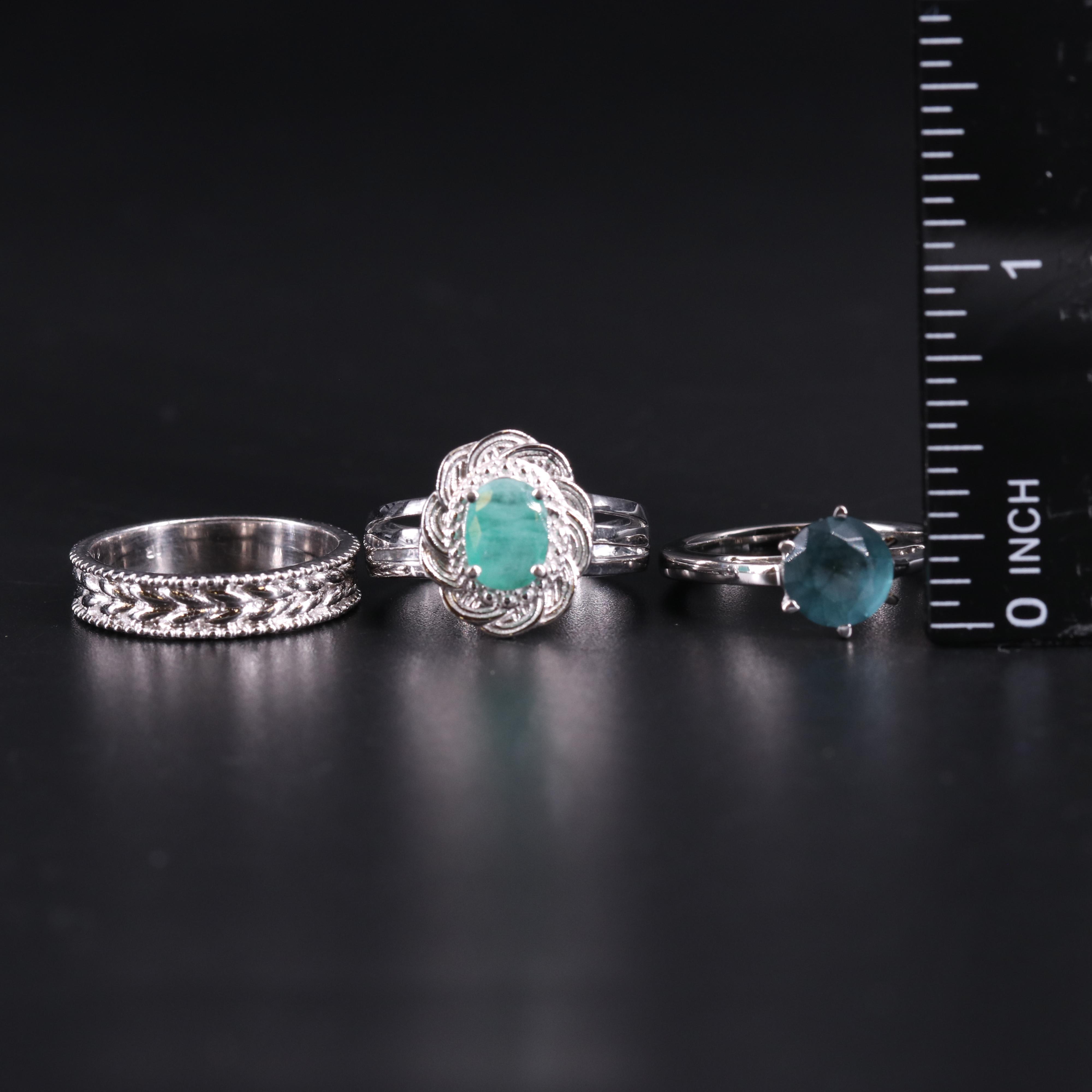Sterling Silver Ring Trio Including Emerald