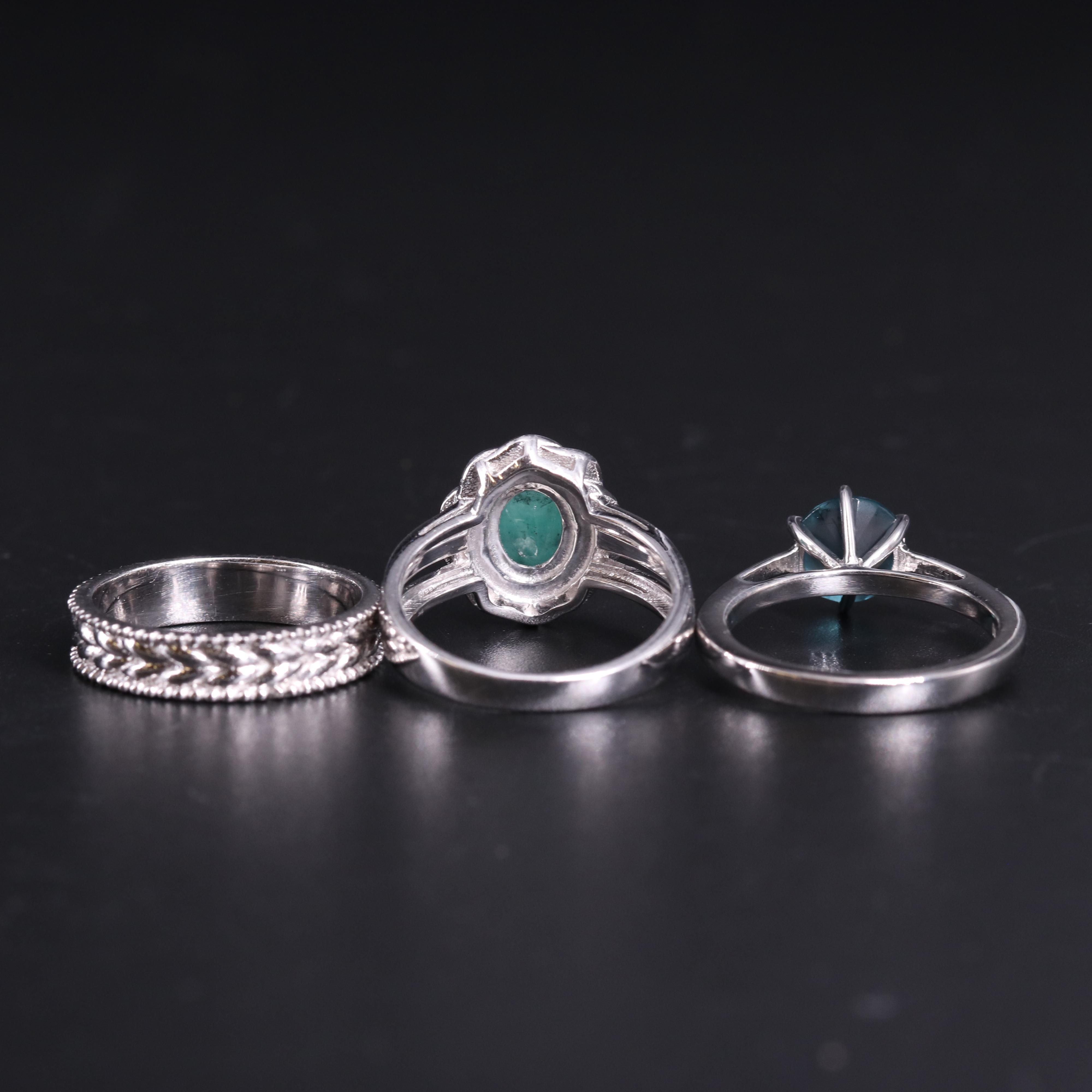 Sterling Silver Ring Trio Including Emerald