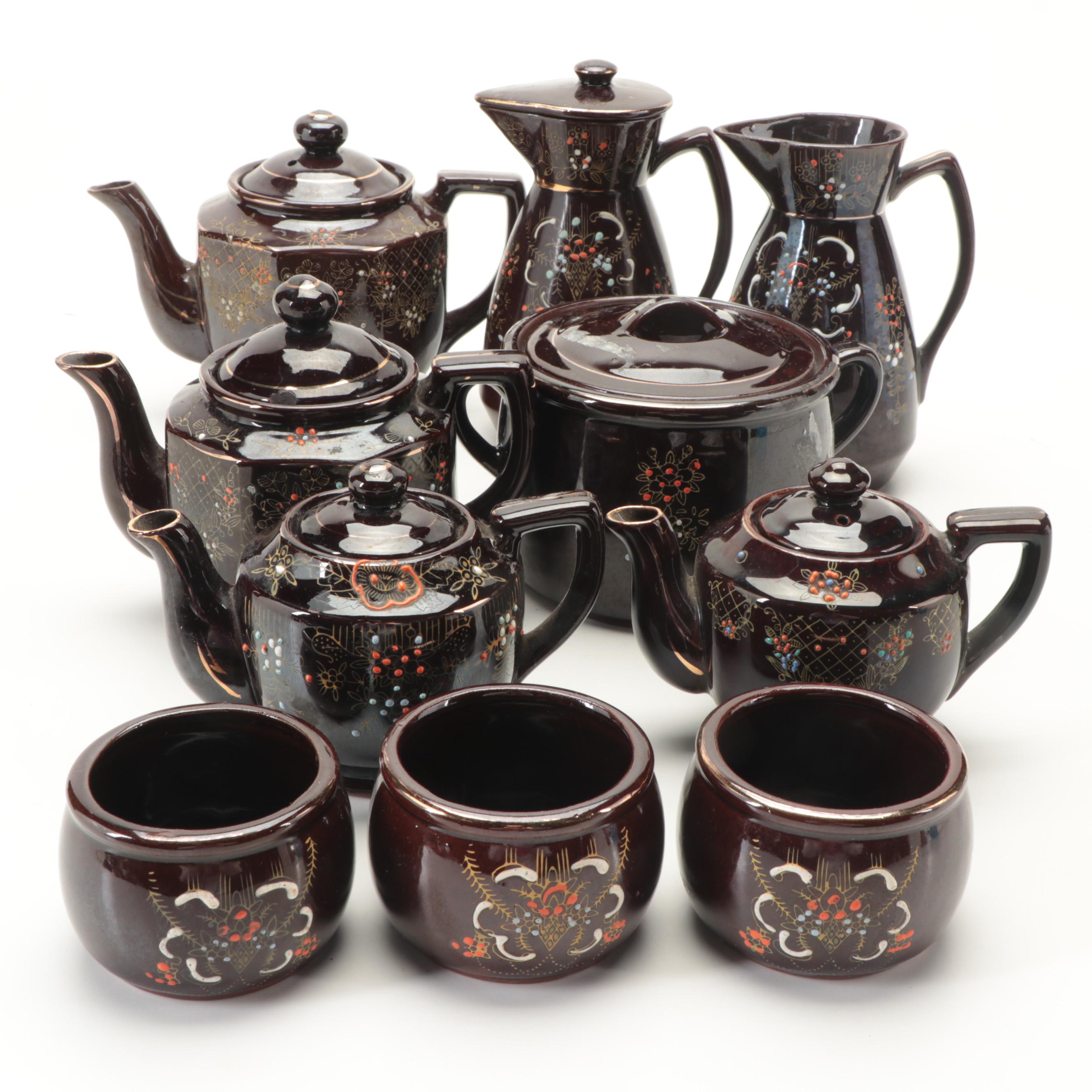 Japanese Moriage Redware Pottery Teapots and Tableware, Mid-20th Century