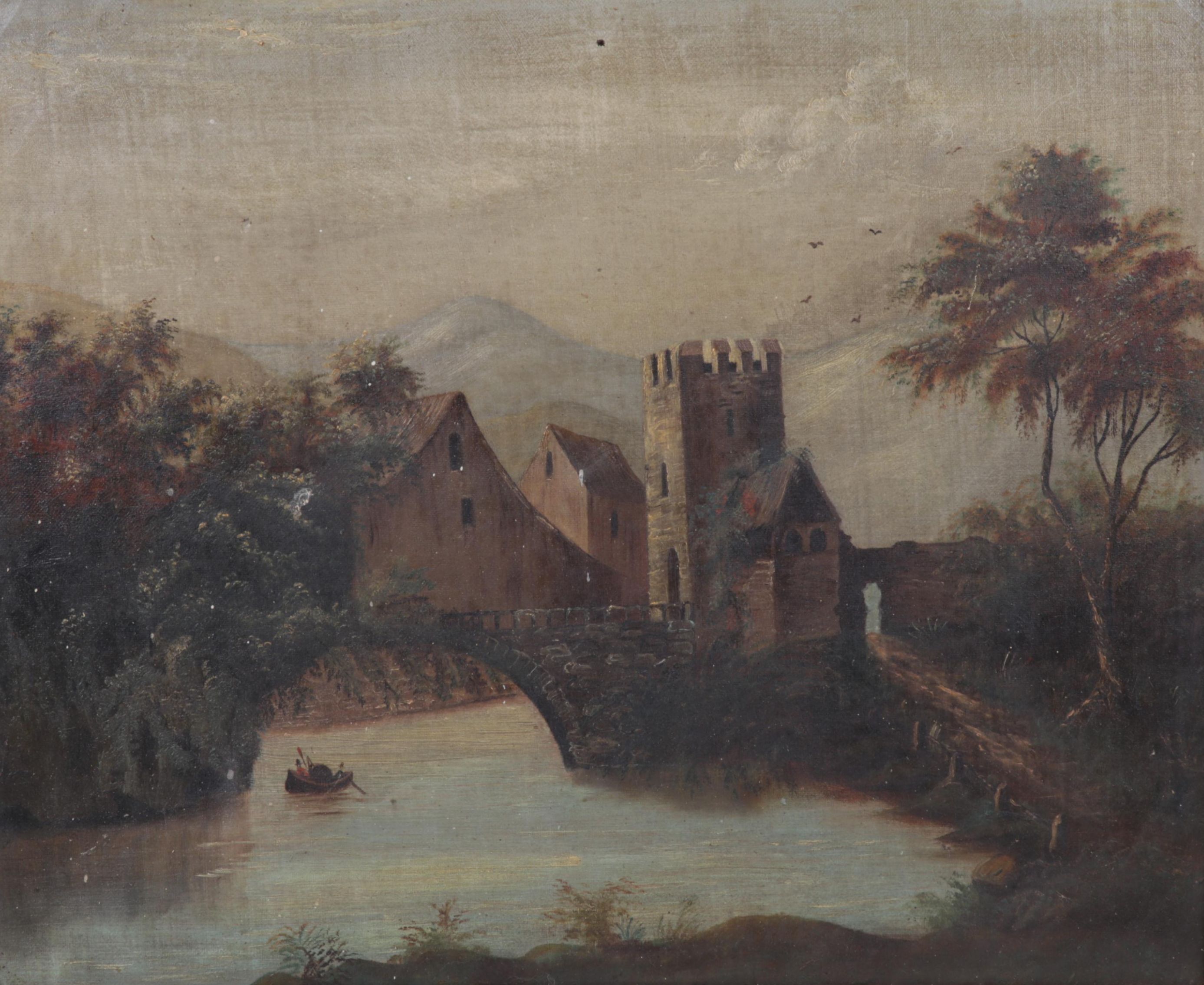 European Village Canal and Stone Bridge Oil Painting, Late 19th Century
